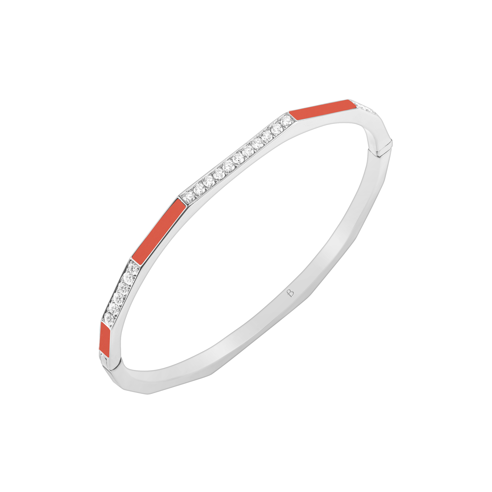 Nova Slim Orange Coral & Diamond Hinged Bangle In 18K White Gold