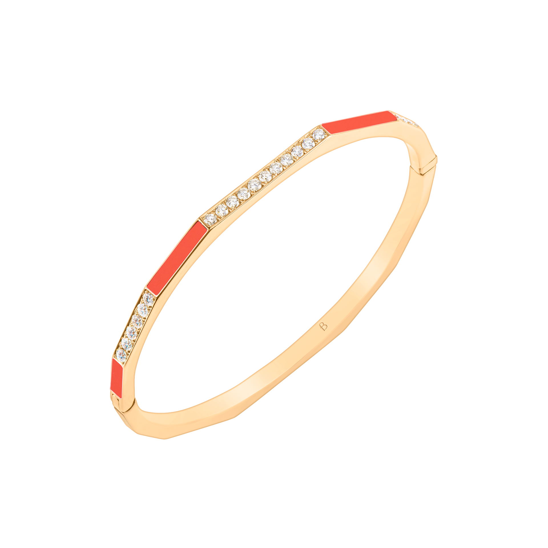 Nova Slim Orange Coral & Diamond Hinged Bangle In 18K Yellow Gold