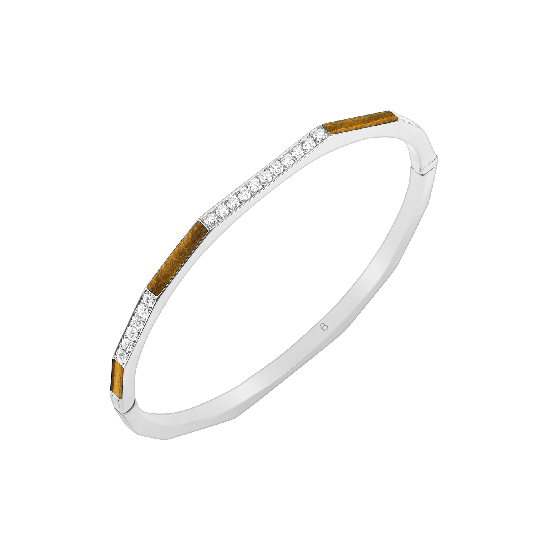 Nova Slim Tiger Eye & Diamond Hinged Bangle In 18K White Gold