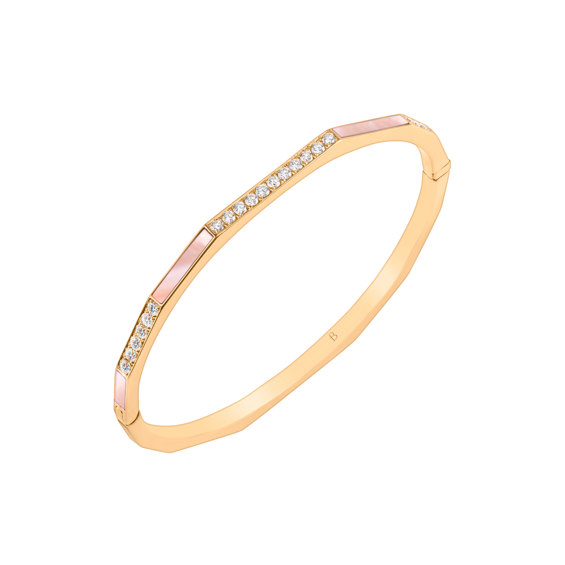 Nova Slim Pink Mother Pearl & Diamond Hinged Bangle In 18K Yellow Gold