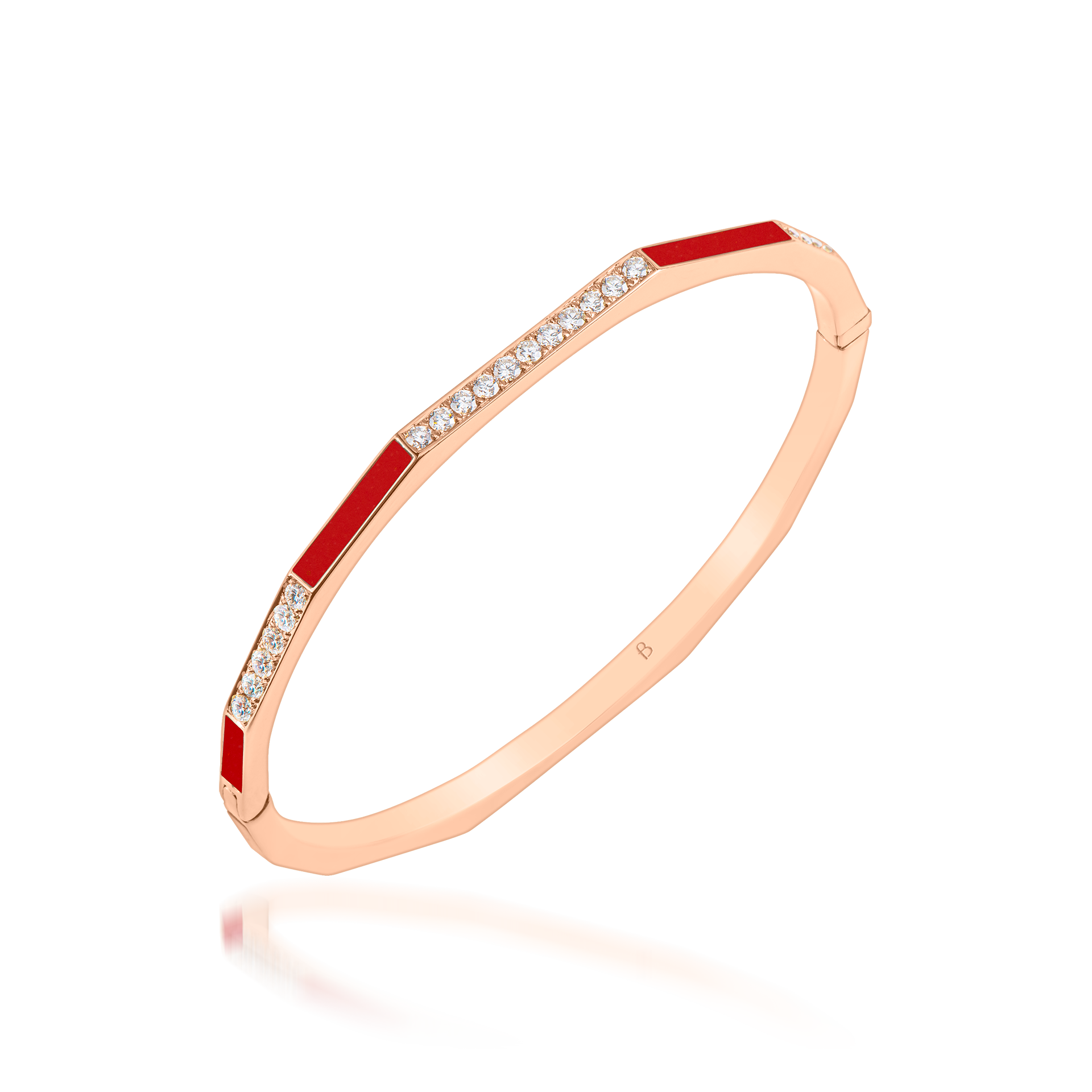 Nova Slim Red Coral & Diamond Hinged Bangle In 18K Rose Gold