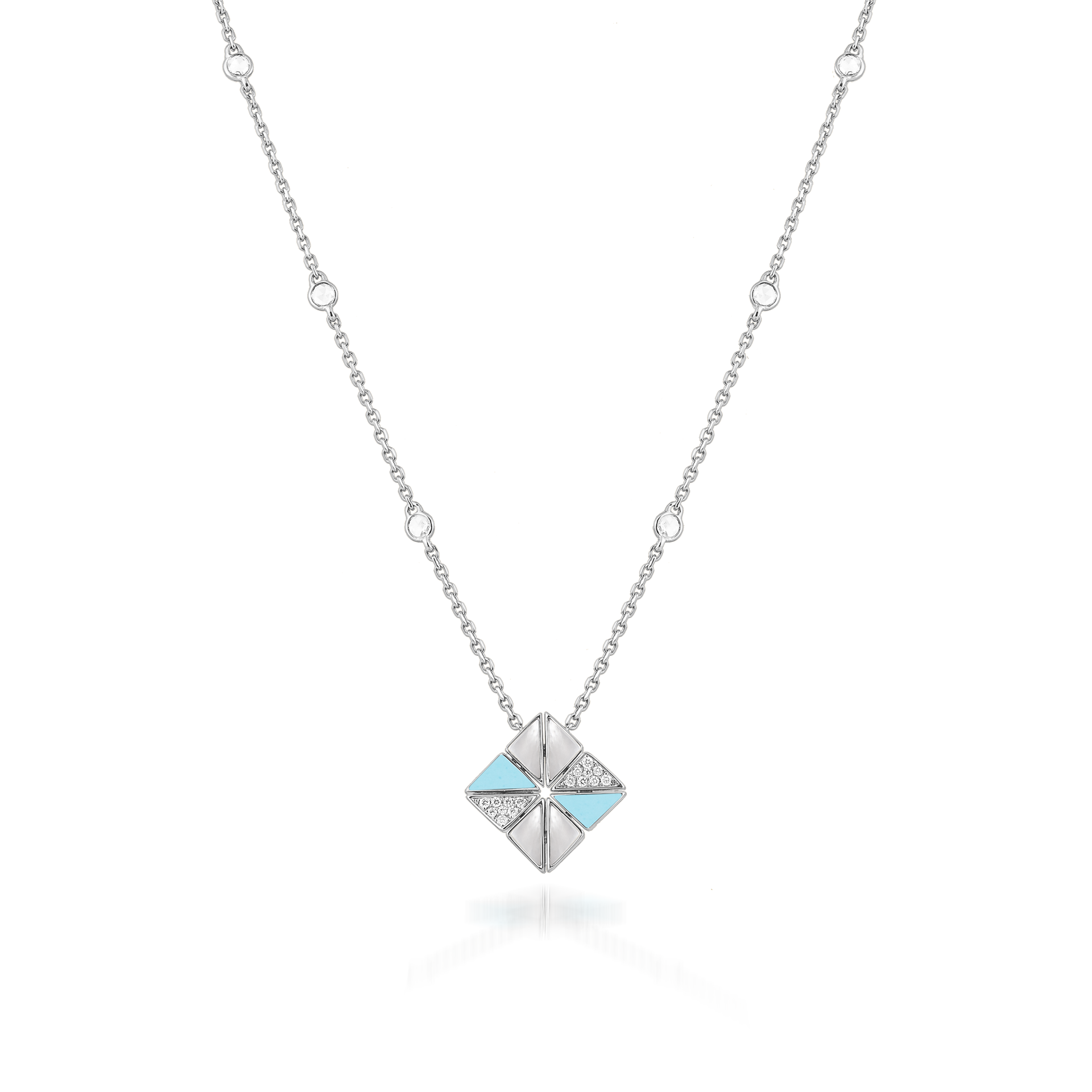 Deco Vertex Necklace with Turquoise, White Mother of Pearl and Diamonds  In 18K White Gold