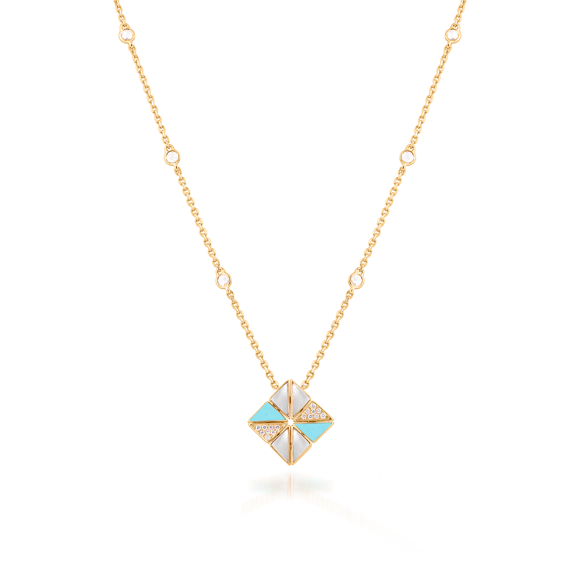 Deco Vertex Necklace with Turquoise, White Mother of Pearl and Diamonds  In 18K Yellow Gold