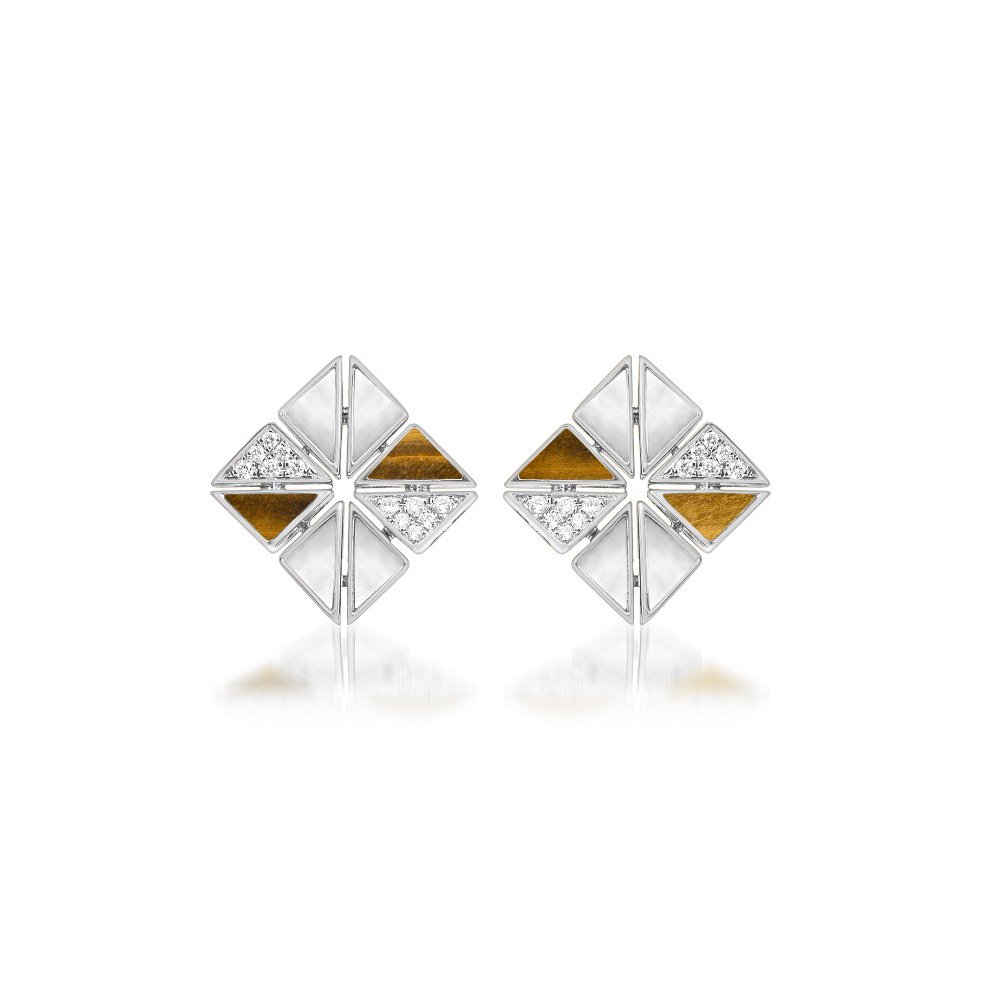 Deco Vertex Studs with Tiger Eye, Mother of Pearl and Diamonds  In 18K White Gold