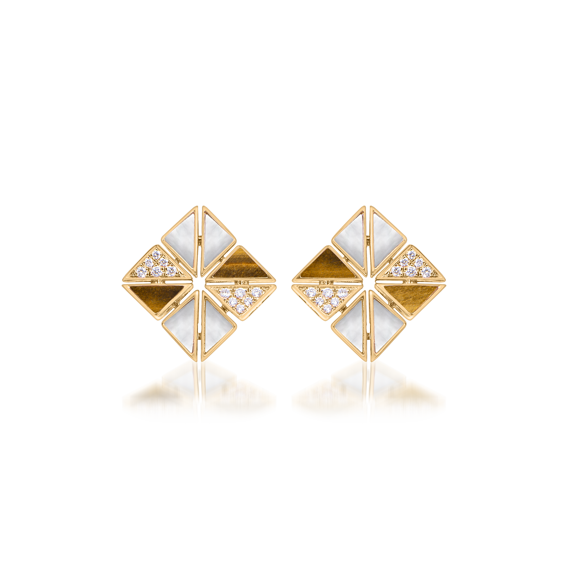 Deco Vertex Studs with Tiger Eye, Mother of Pearl and Diamonds  In 18K Yellow Gold