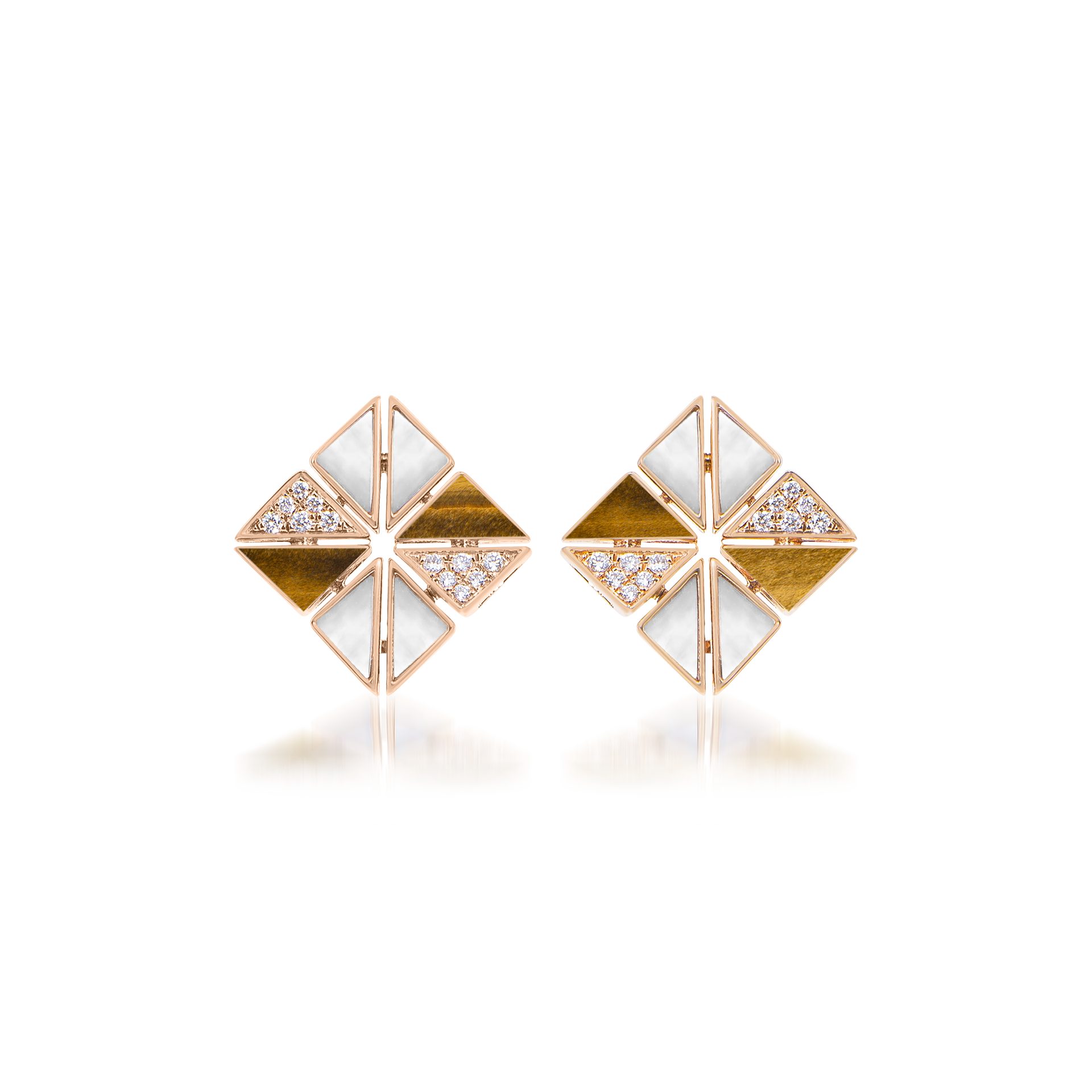 Deco Vertex Studs with Tiger Eye, Mother of Pearl and Diamonds  In 18K Rose Gold