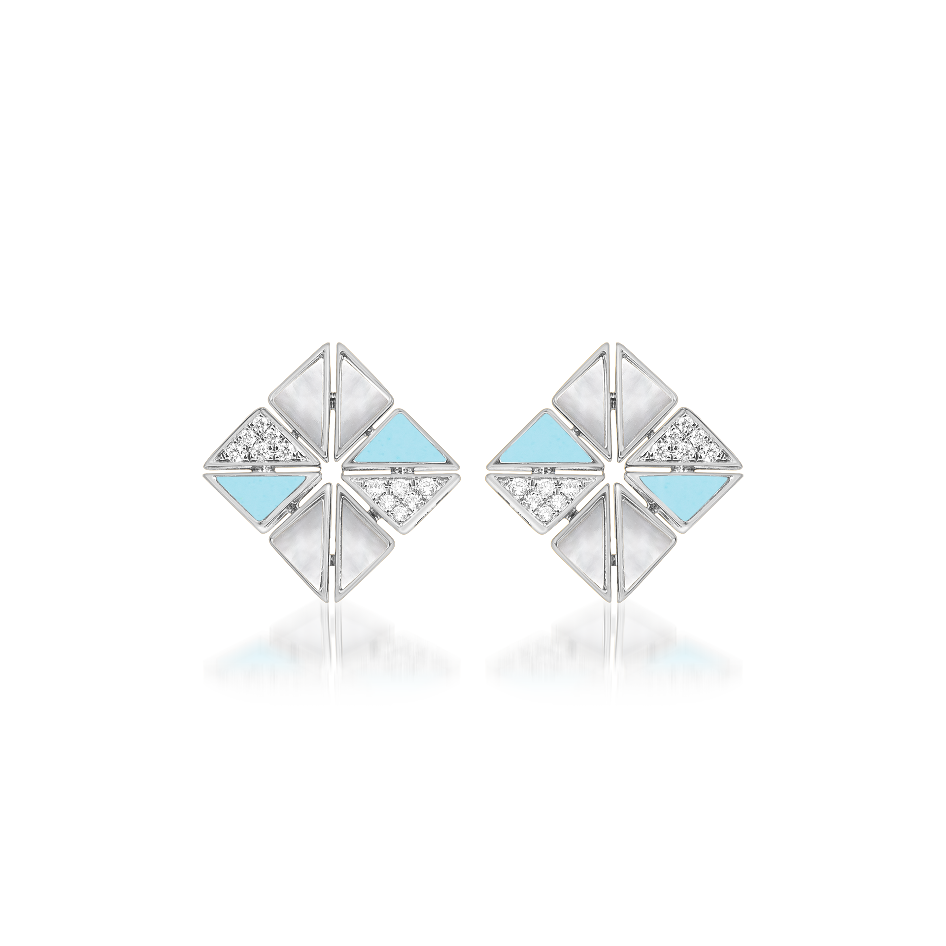 Deco Vertex Studs with Turquoise, Mother of Pearl and Diamonds  In 18K White Gold