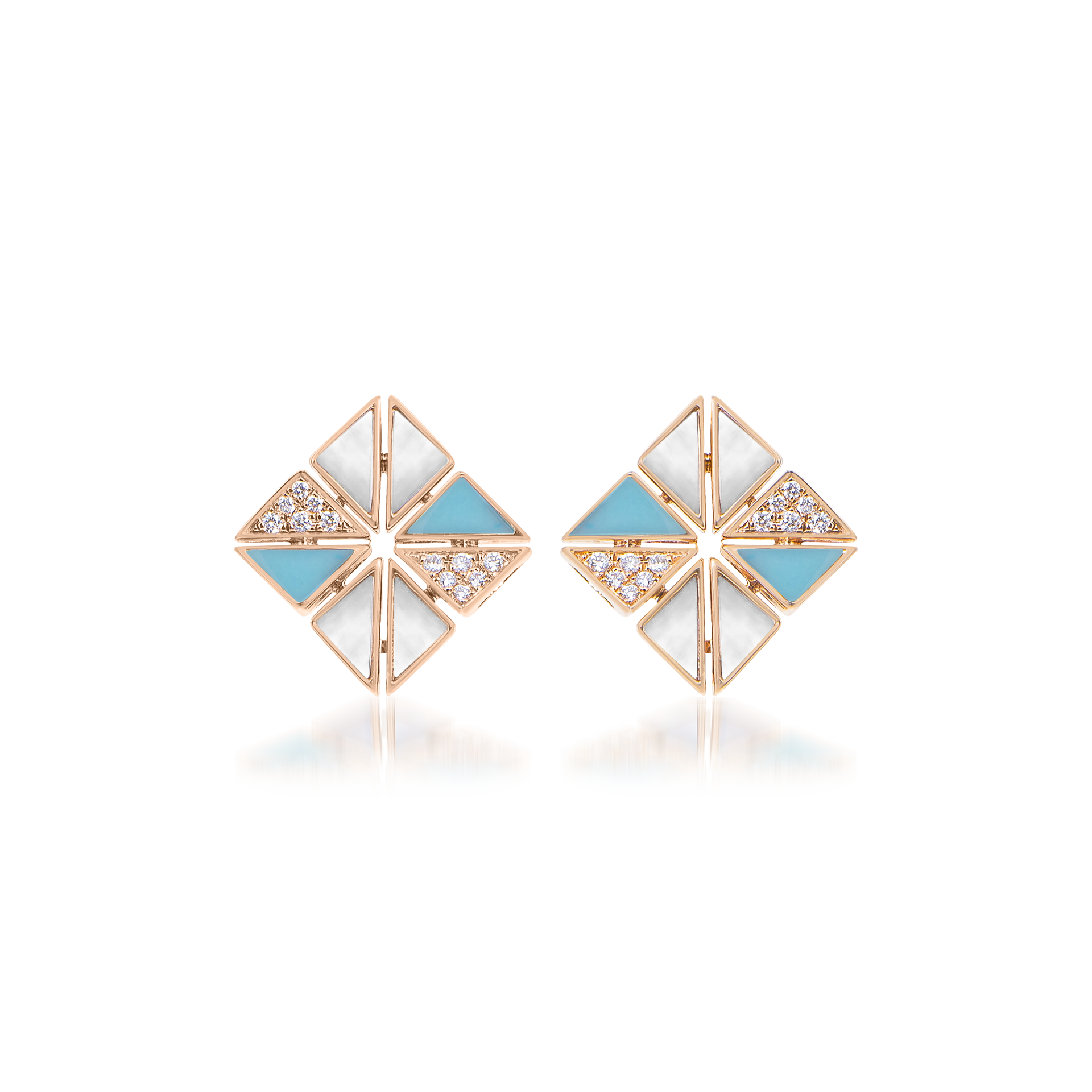 Deco Vertex Studs with Turquoise, Mother of Pearl and Diamonds  In 18K Rose Gold