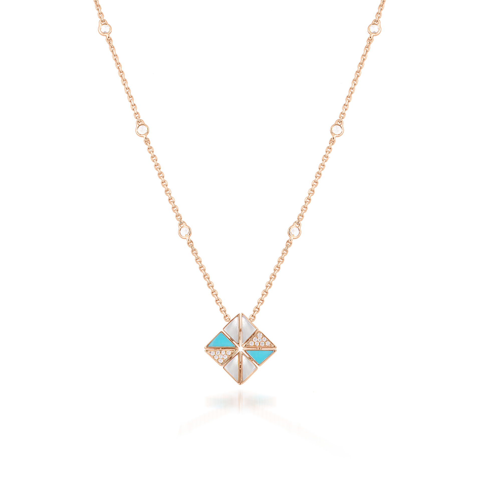 Deco Vertex Necklace with Turquoise, White Mother of Pearl and Diamonds  In 18K Rose Gold