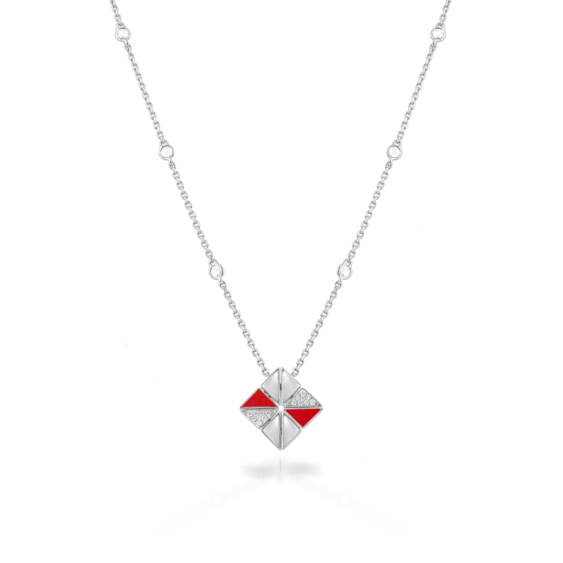 Deco Vertex Necklace with Red Coral, White Mother of Pearl and Diamonds  In 18K White Gold