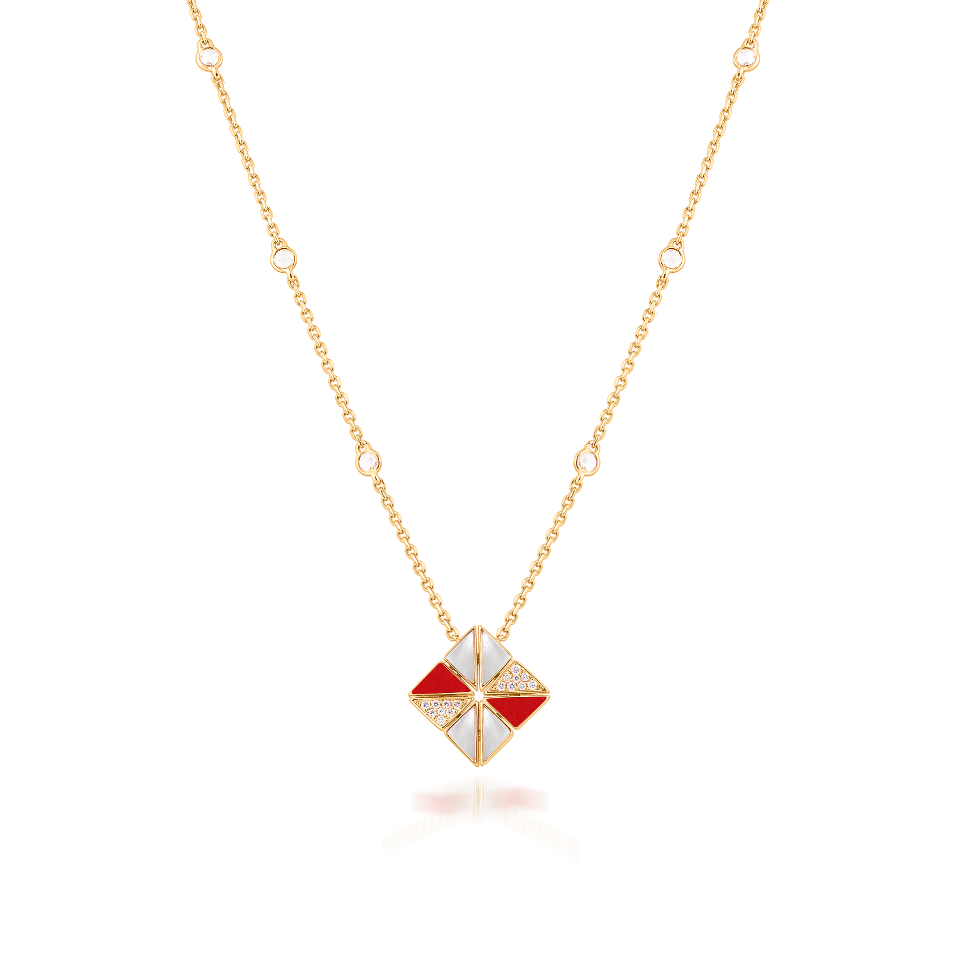 Deco Vertex Necklace with Red Coral, White Mother of Pearl and Diamonds  In 18K Yellow Gold