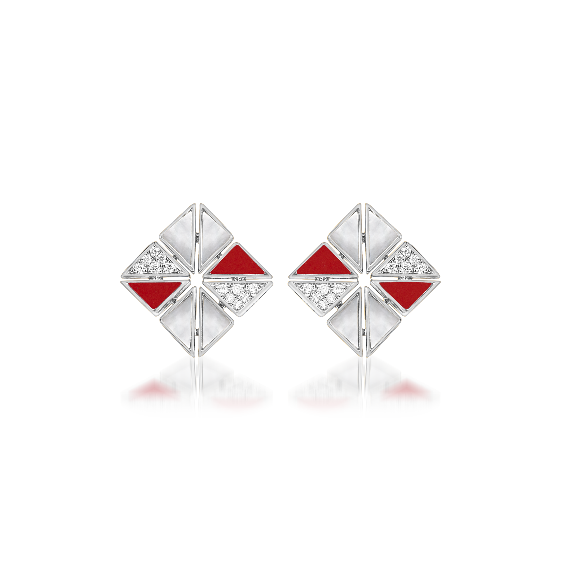 Deco Vertex Studs with Red Coral, Mother of Pearl and Diamonds  In 18K White Gold