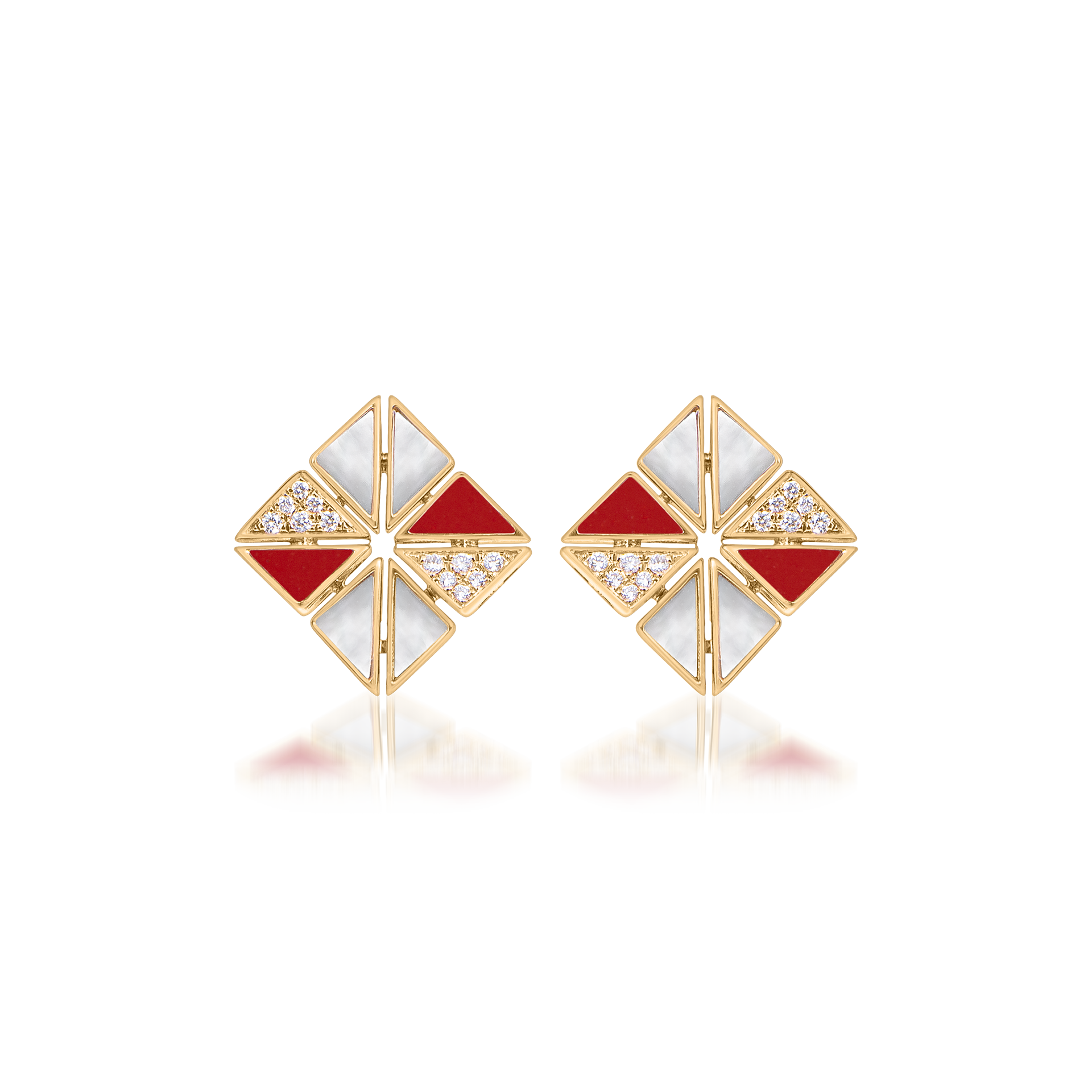 Deco Vertex Studs with Red Coral, Mother of Pearl and Diamonds  In 18K Yellow Gold