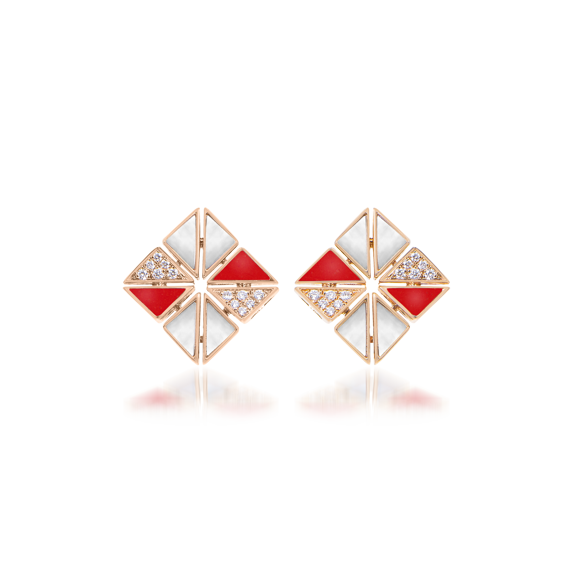 Deco Vertex Studs with Red Coral, Mother of Pearl and Diamonds  In 18K Rose Gold