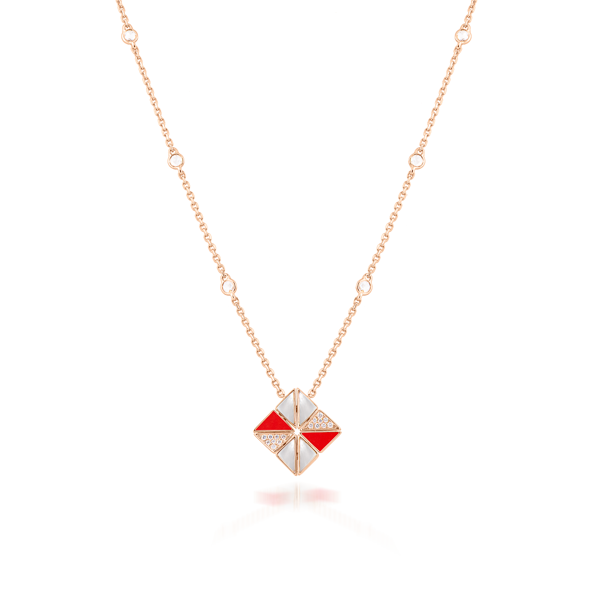 Deco Vertex Necklace with Red Coral, White Mother of Pearl and Diamonds  In 18K Rose Gold