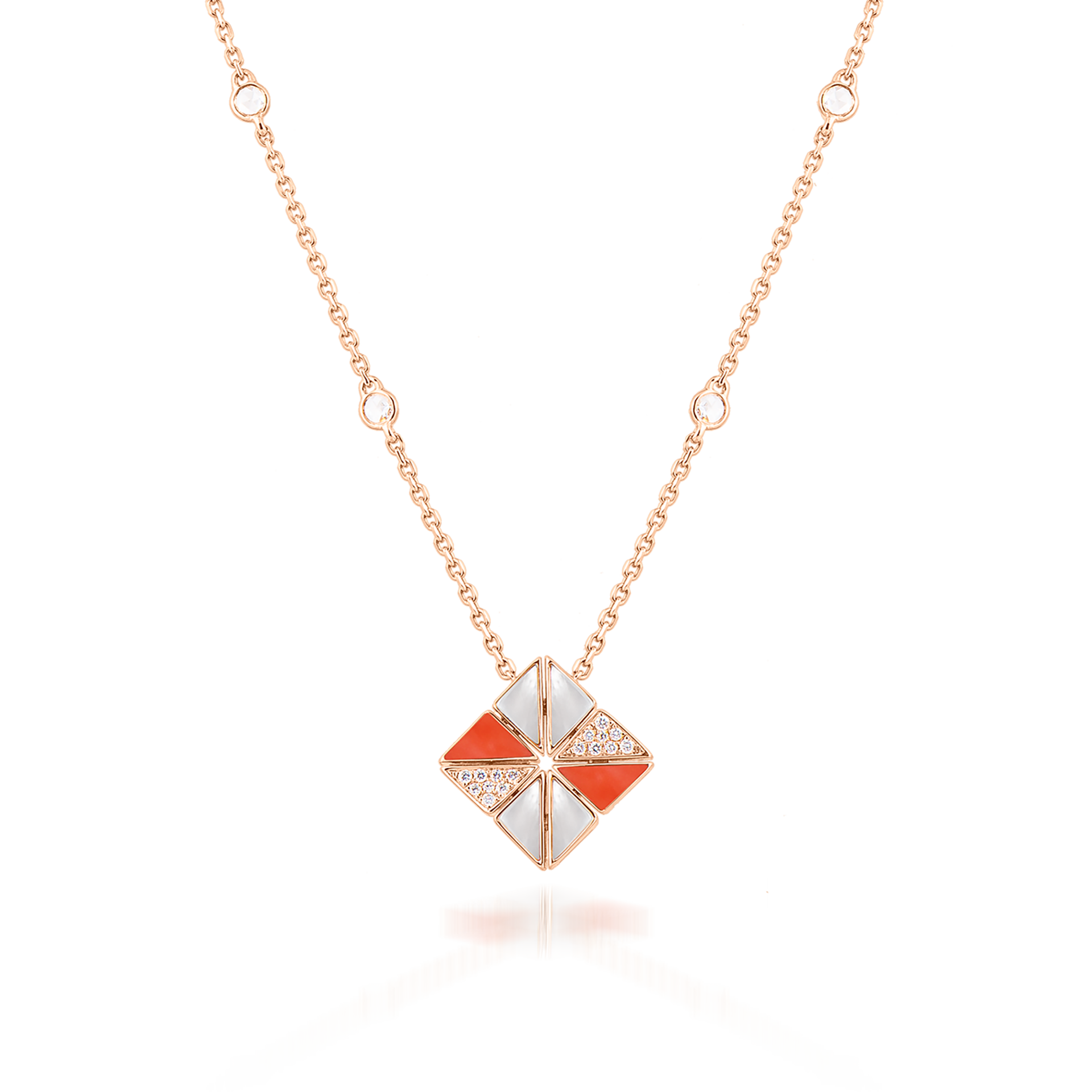 Deco Vertex Necklace with Orange Coral, White Mother of Pearl and Diamonds  In 18K Rose Gold