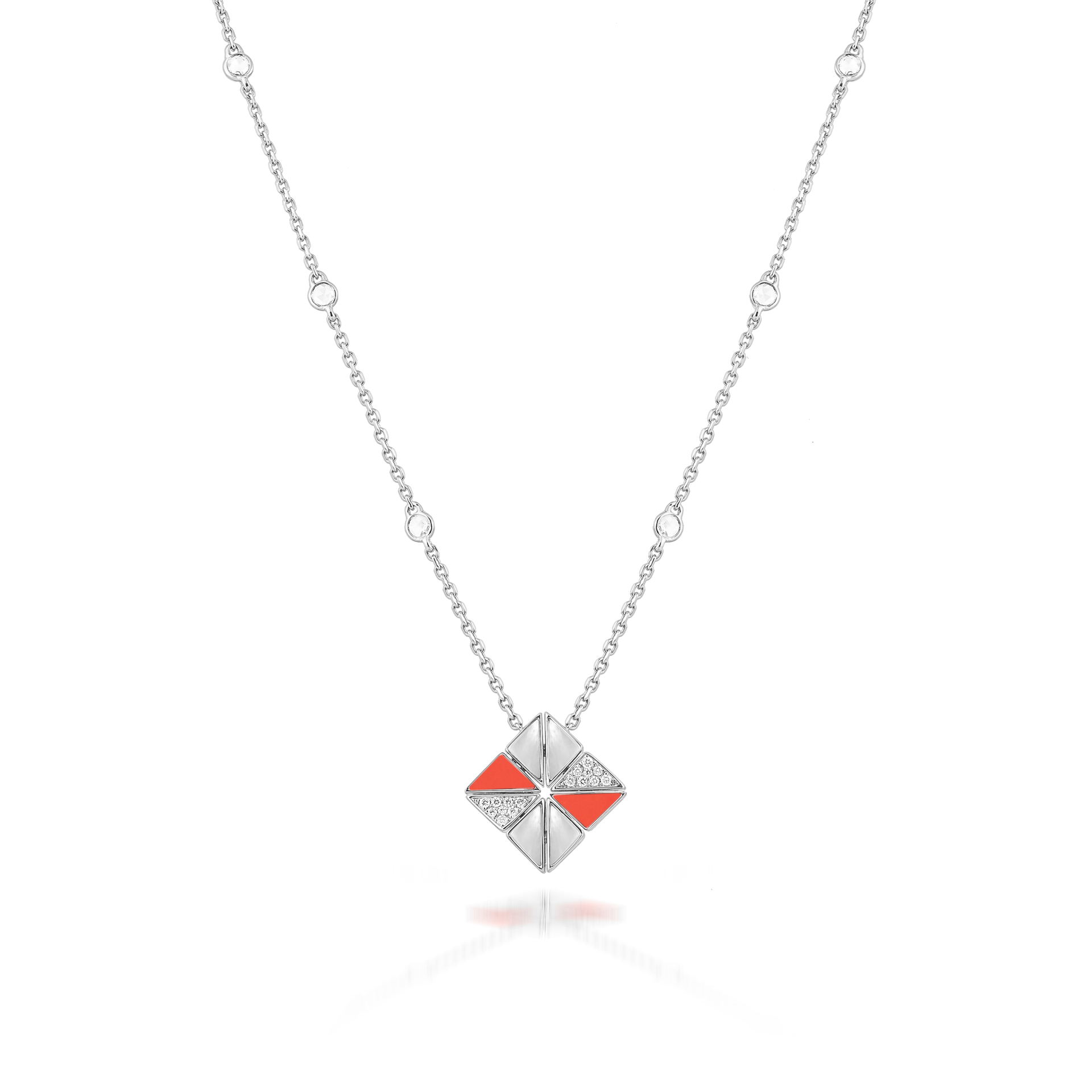 Deco Vertex Necklace with Orange Coral, White Mother of Pearl and Diamonds  In 18K White Gold