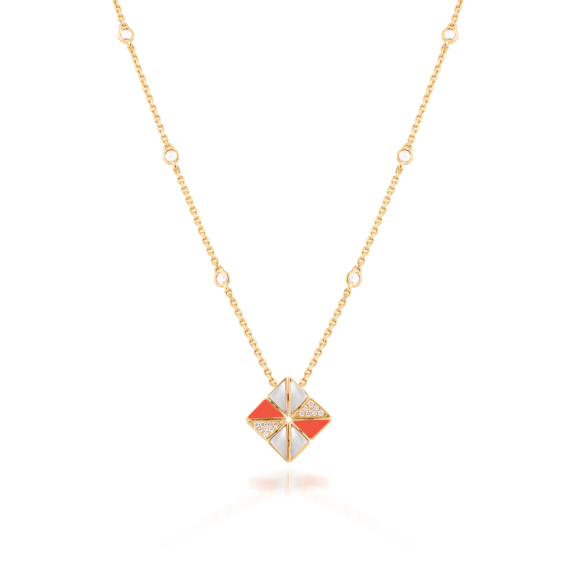 Deco Vertex Necklace with Orange Coral, White Mother of Pearl and Diamonds  In 18K Yellow Gold