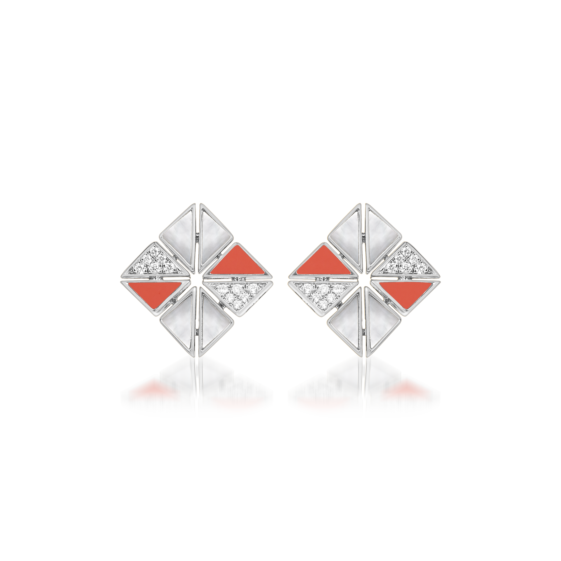Deco Vertex Studs with Orange Coral, Mother of Pearl and Diamonds  In 18K White Gold