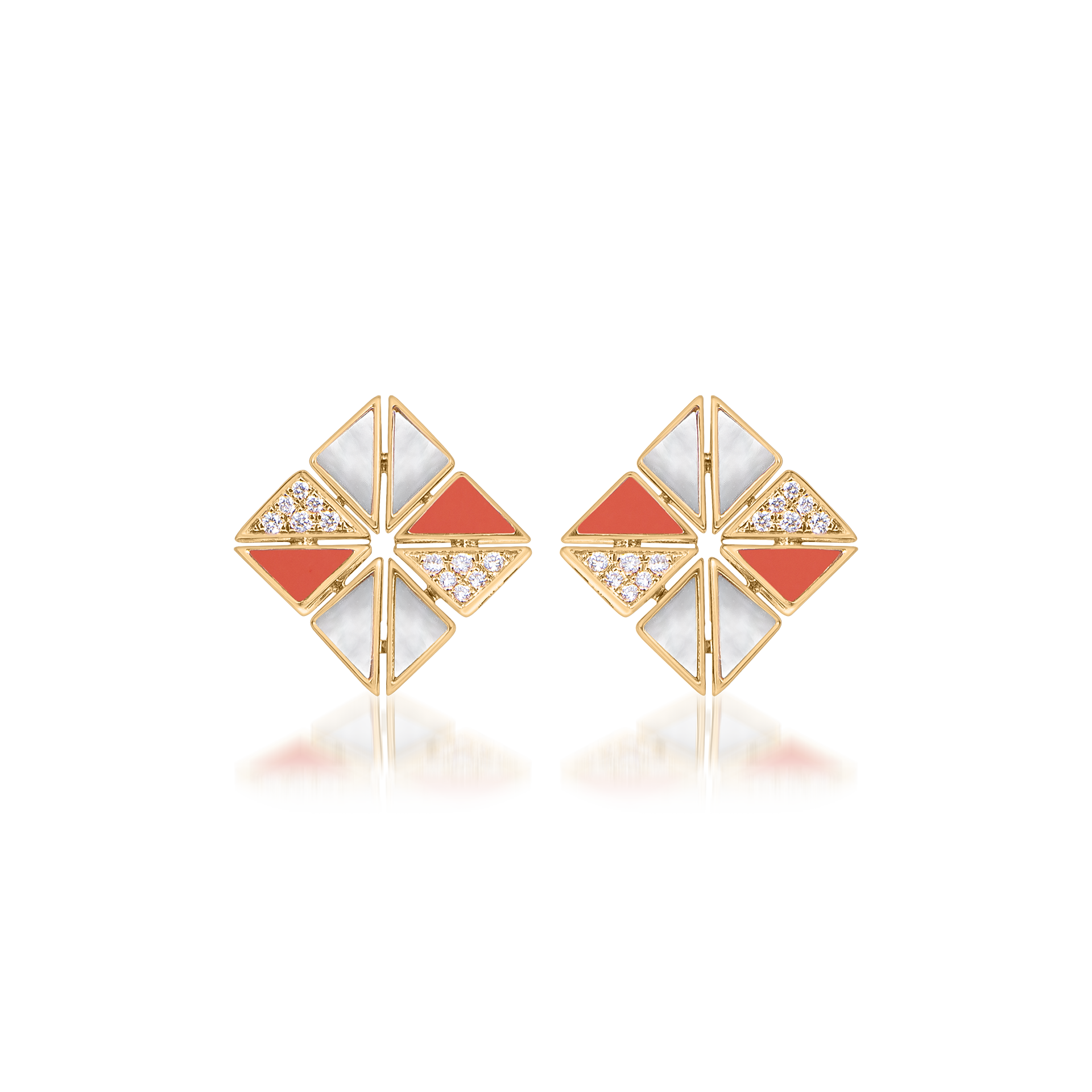 Deco Vertex Studs with Orange Coral, Mother of Pearl and Diamonds  In 18K Yellow Gold