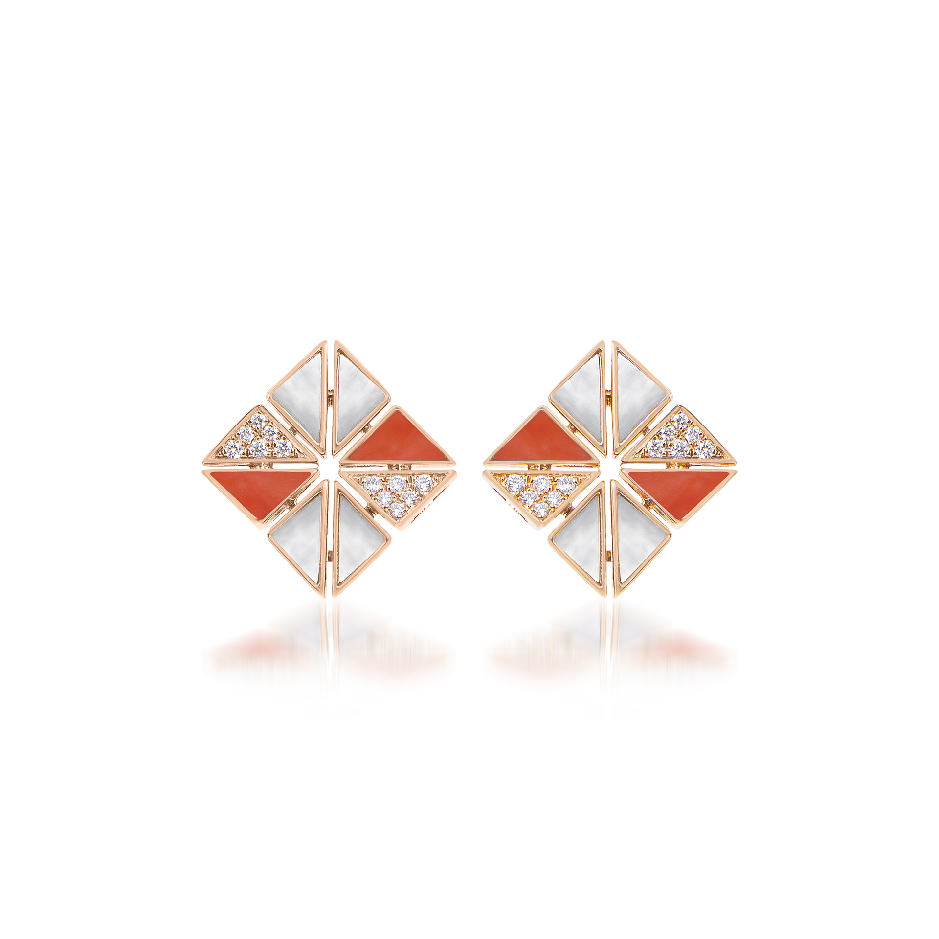 Deco Vertex Studs with Orange Coral, Mother of Pearl and Diamonds  In 18K Rose Gold