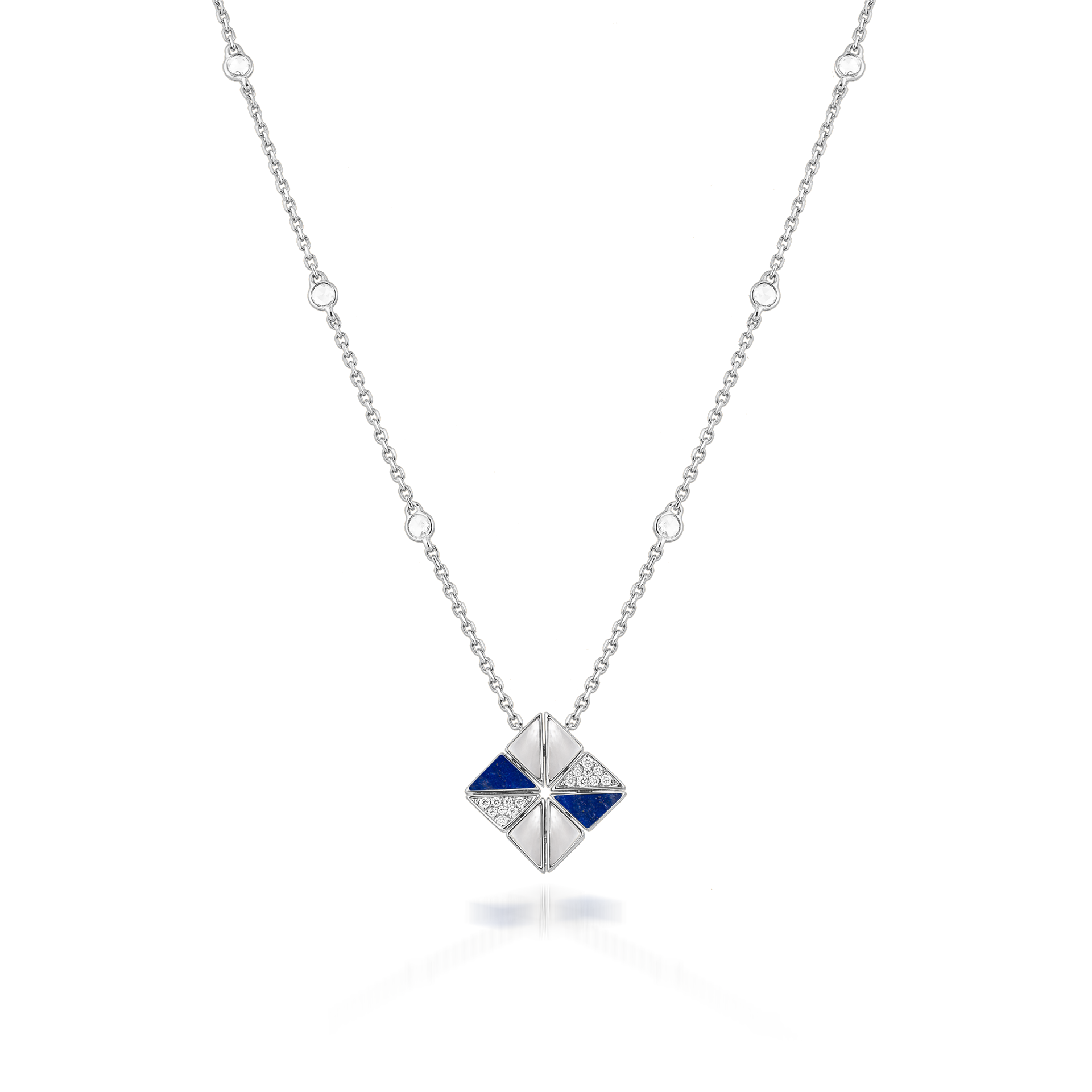 Deco Vertex Necklace with Lapis Lazuli, White Mother of Pearl and Diamonds  In 18K White Gold