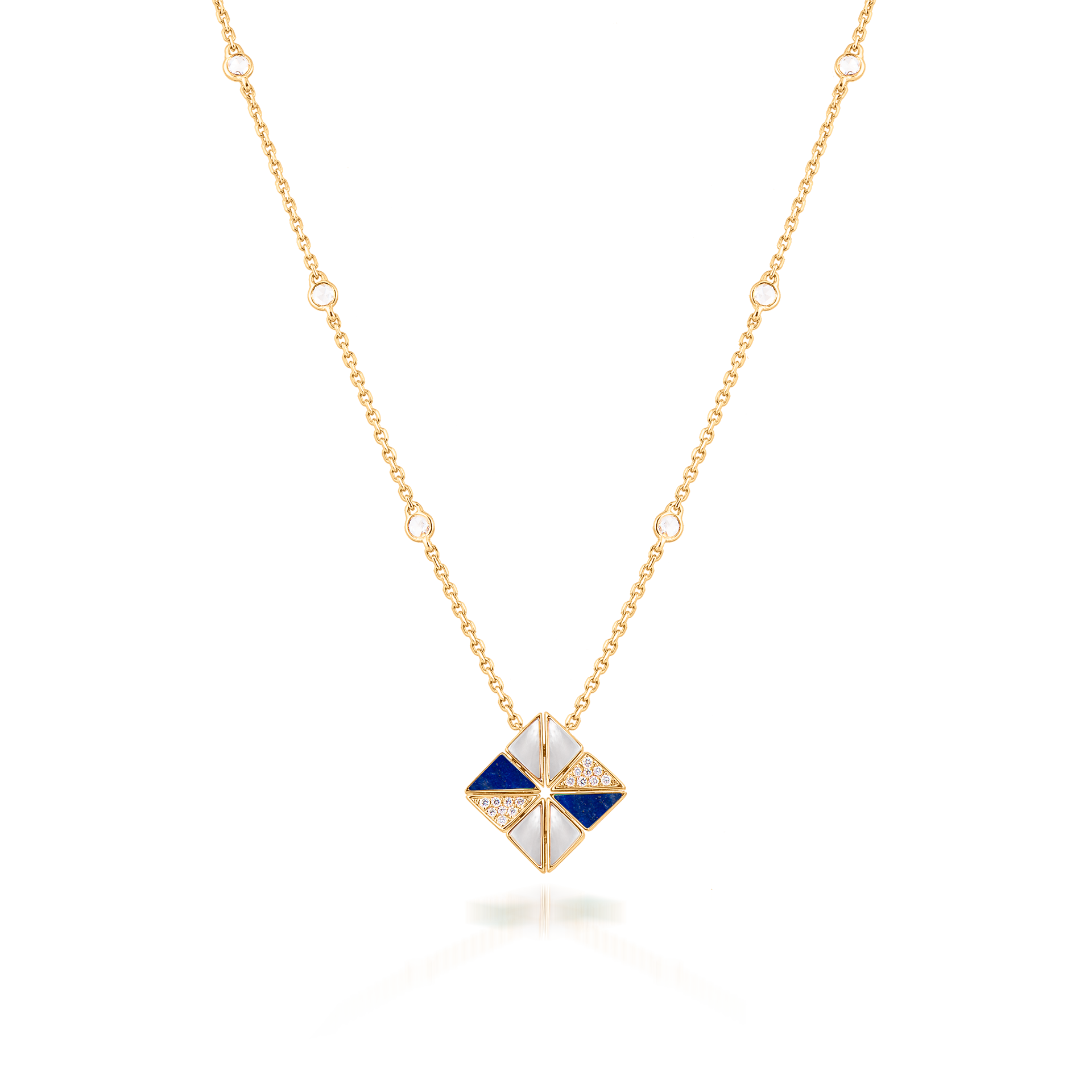 Deco Vertex Necklace with Lapis Lazuli, White Mother of Pearl and Diamonds  In 18K Yellow Gold