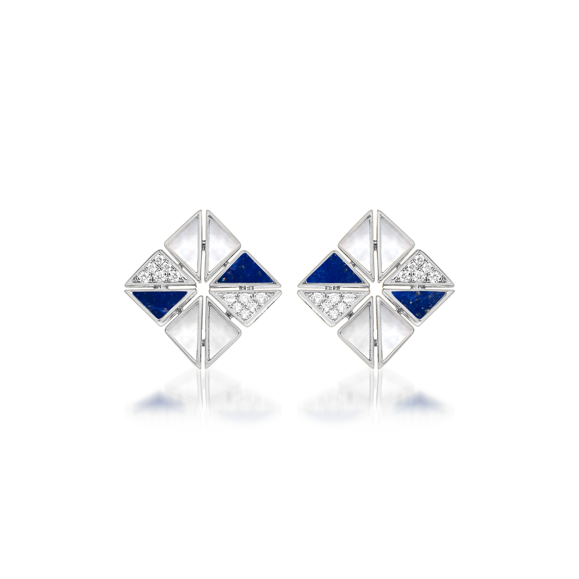 Deco Vertex Studs with Lapis Lazuli, Mother of Pearl and Diamonds  In 18K White Gold