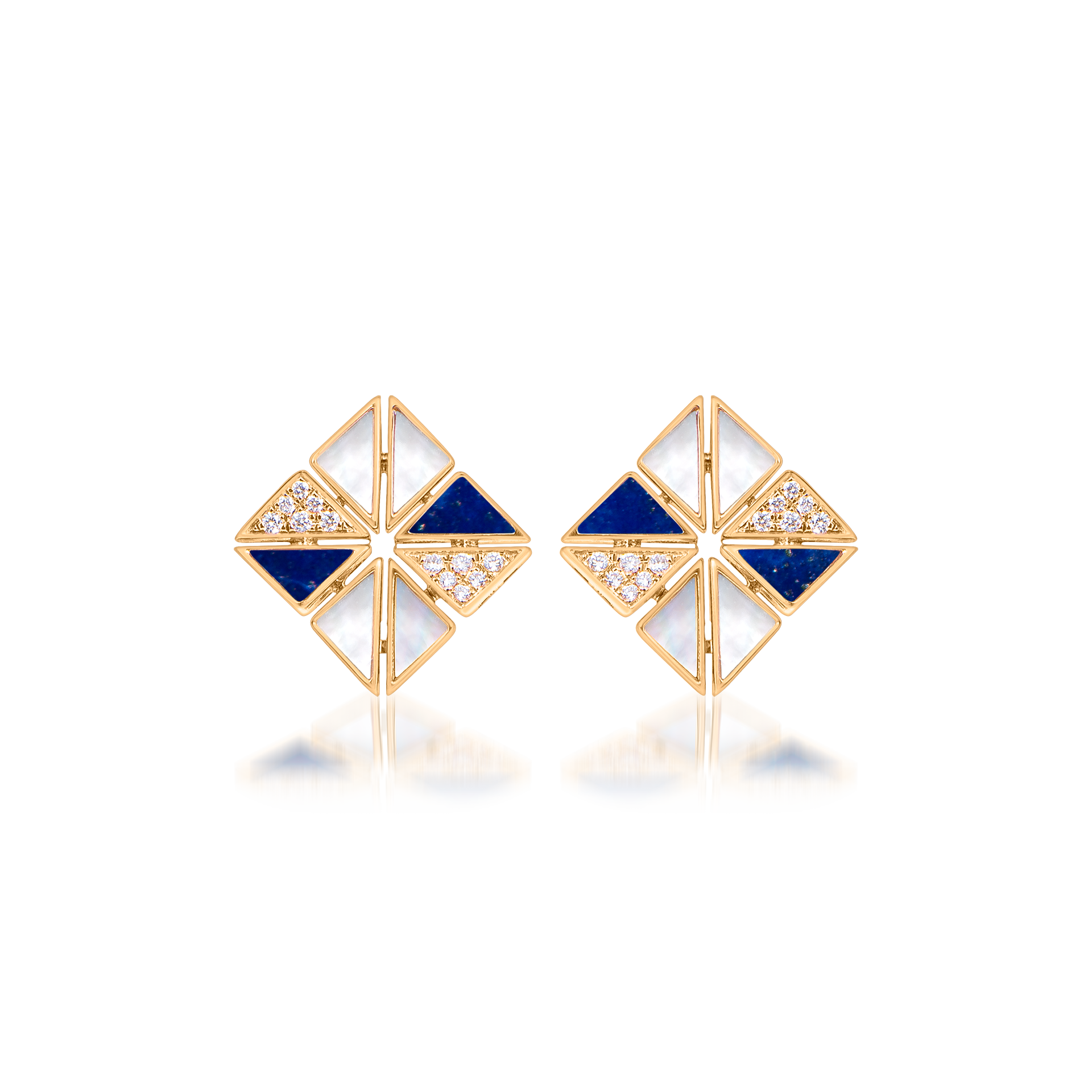 Deco Vertex Studs with Lapis Lazuli, Mother of Pearl and Diamonds  In 18K Yellow Gold