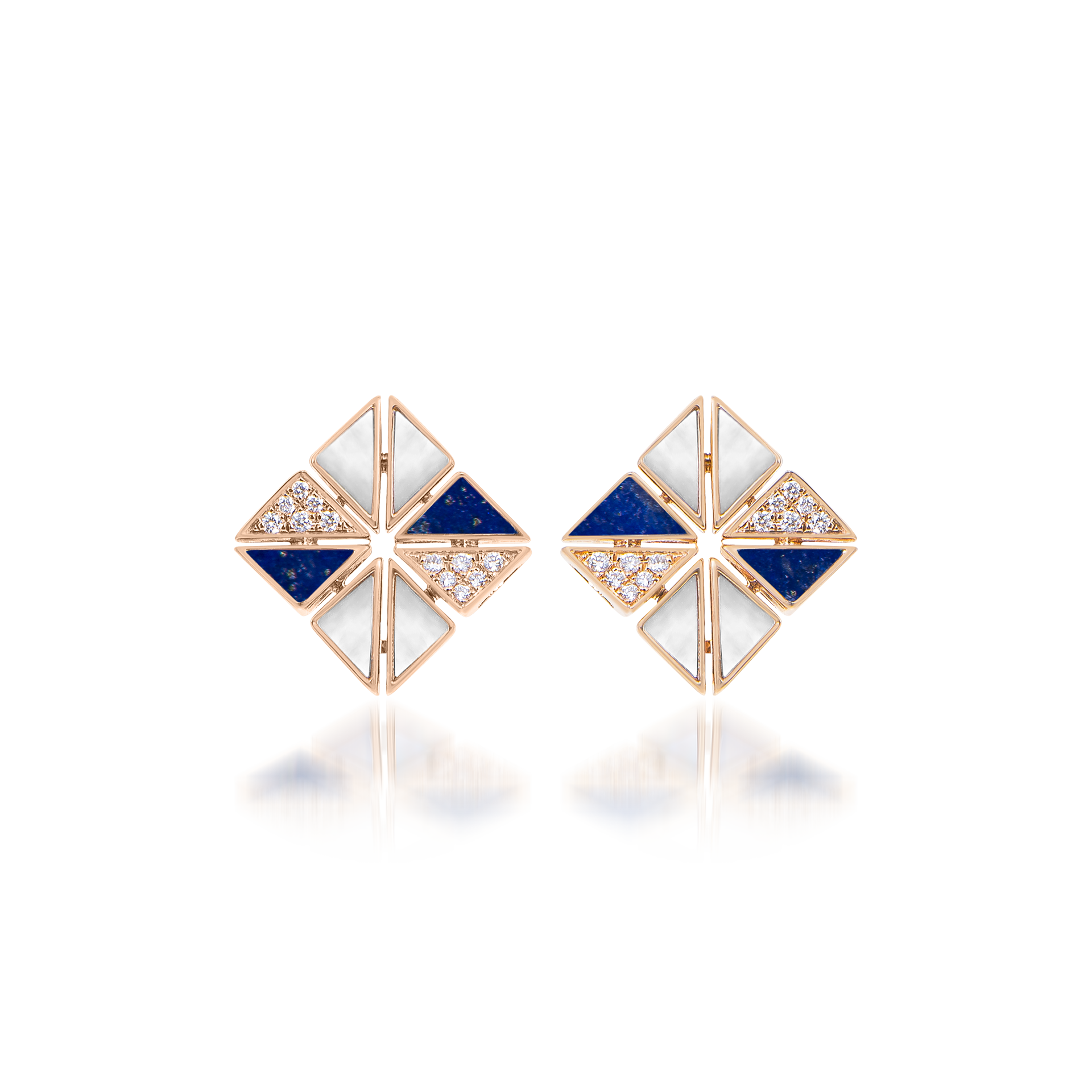 Deco Vertex Studs with Lapis Lazuli, Mother of Pearl and Diamonds  In 18K Rose Gold