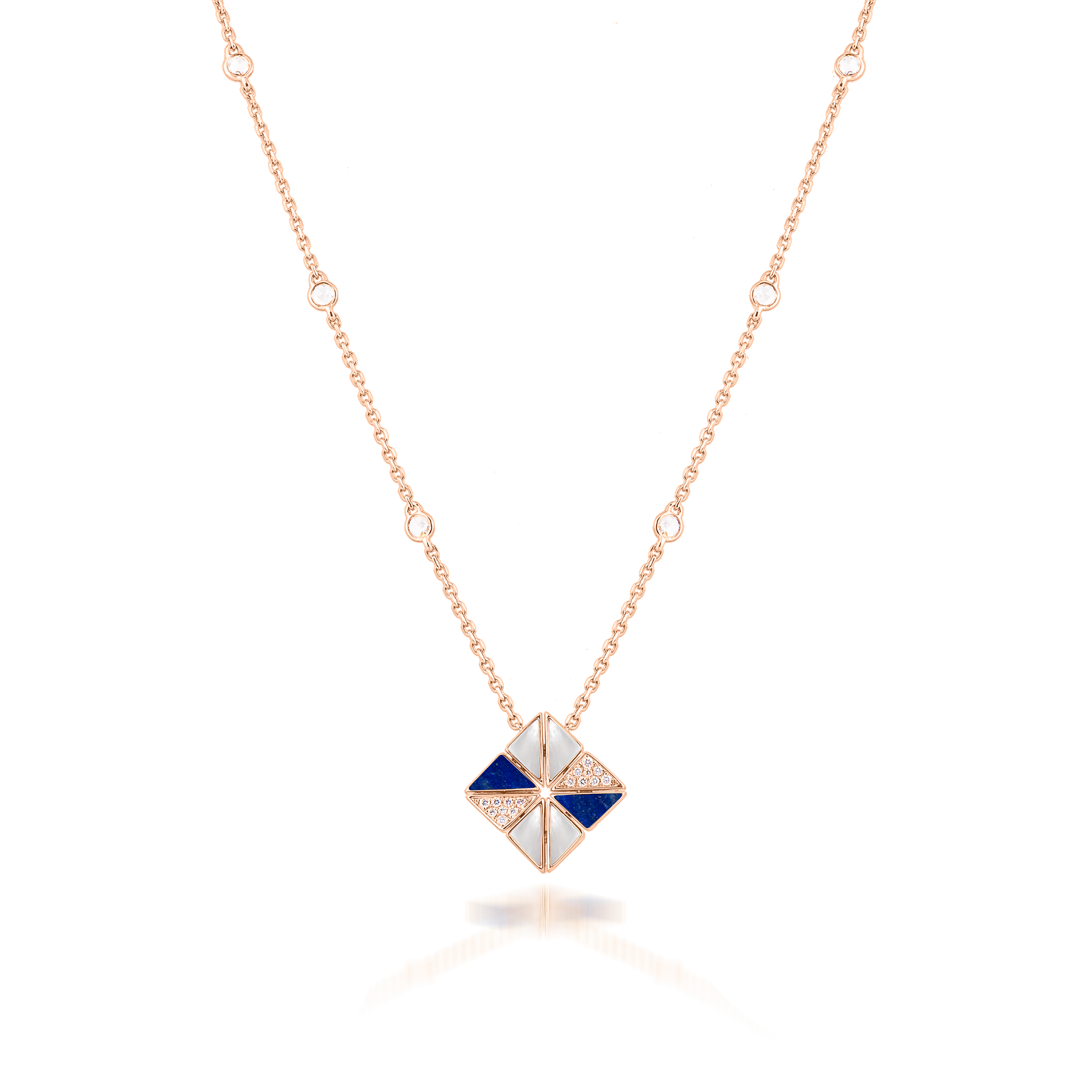 Deco Vertex Necklace with Lapis Lazuli, White Mother of Pearl and Diamonds  In 18K Rose Gold