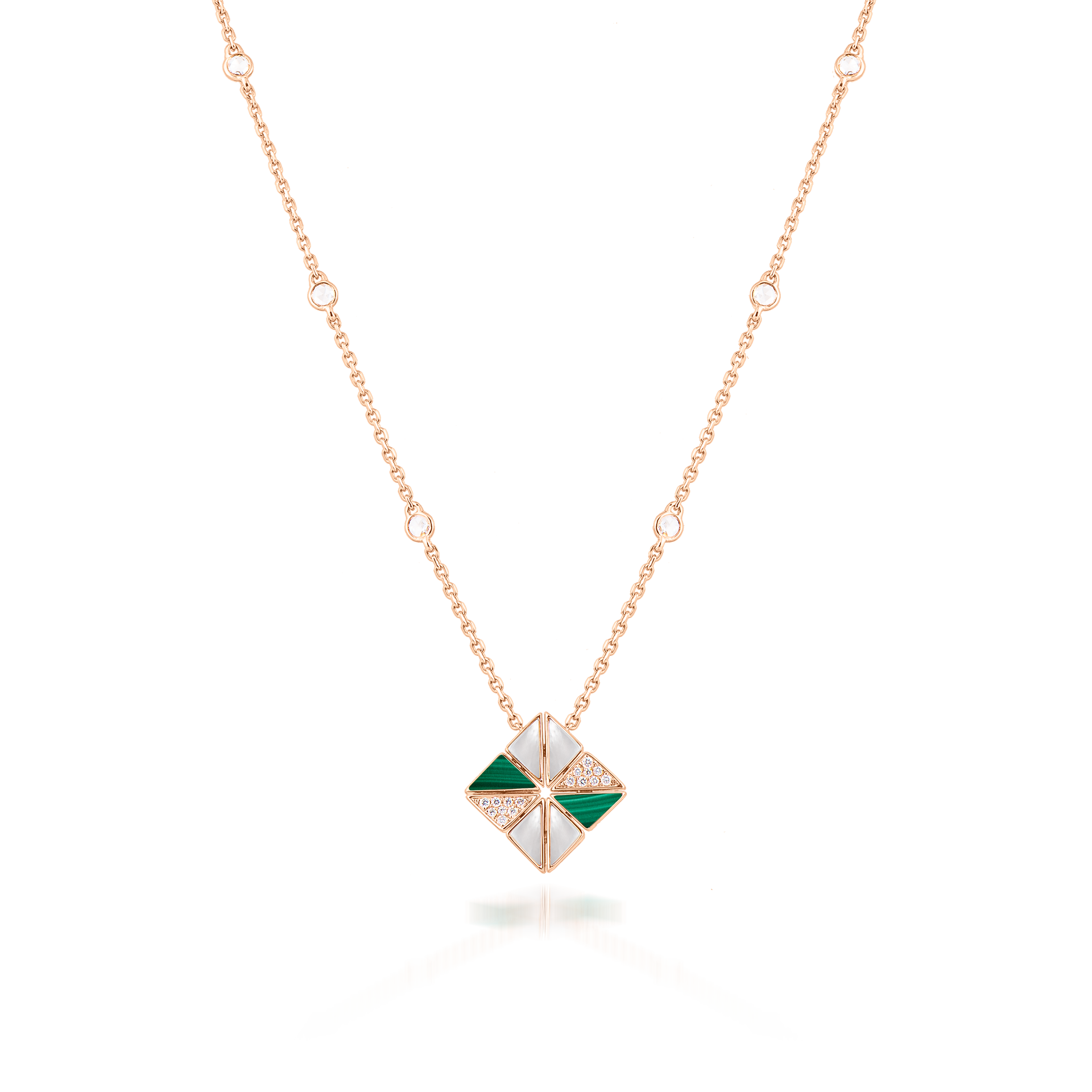 Deco Vertex Necklace with Malachite, White Mother of Pearl and Diamonds  In 18K Rose Gold