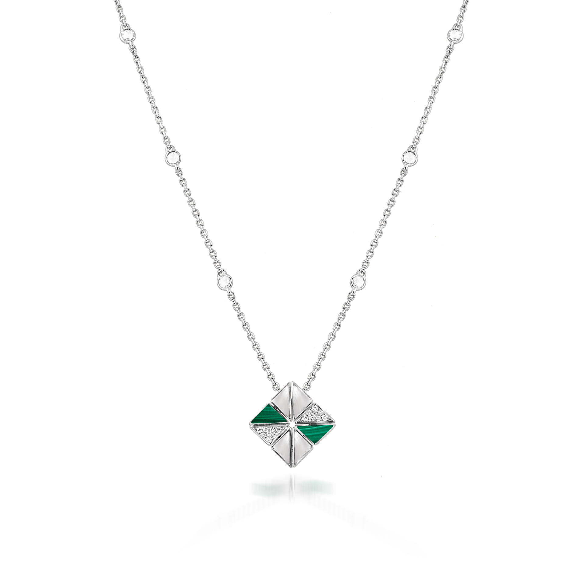 Deco Vertex Necklace with Malachite, White Mother of Pearl and Diamonds  In 18K White Gold