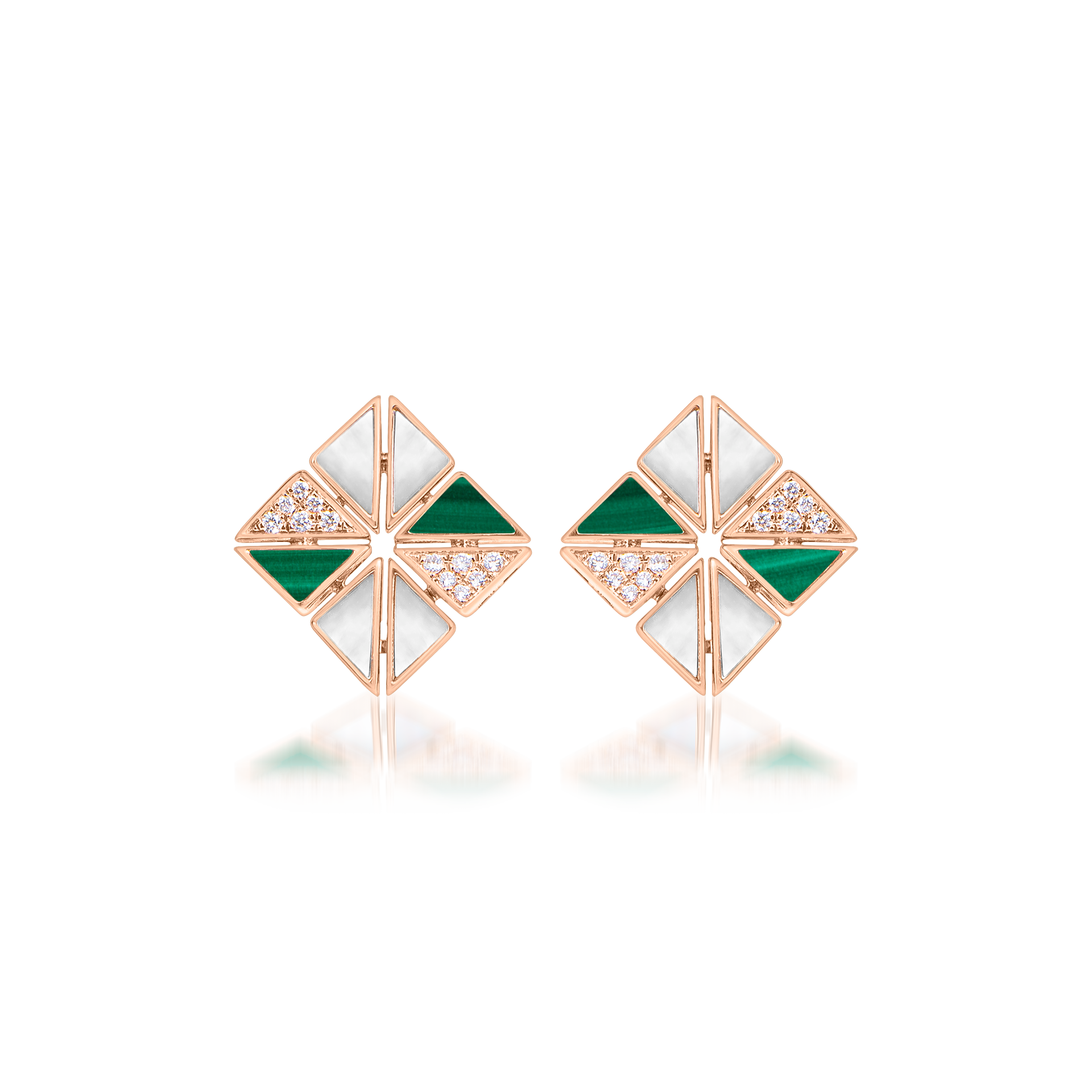Deco Vertex Studs with Malachite, Mother of Pearl and Diamonds  In 18K Rose Gold