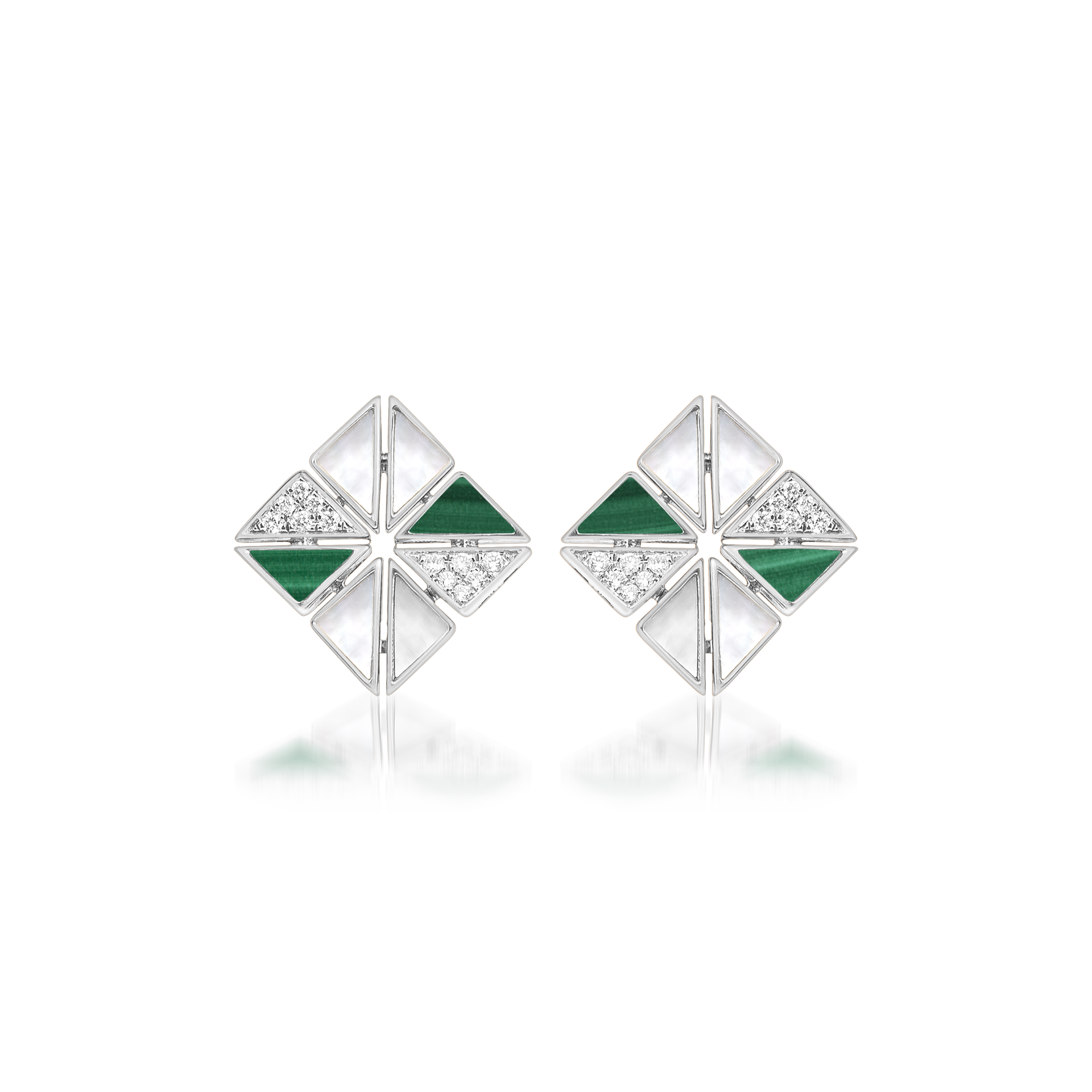 Deco Vertex Studs with Malachite, Mother of Pearl and Diamonds  In 18K White Gold
