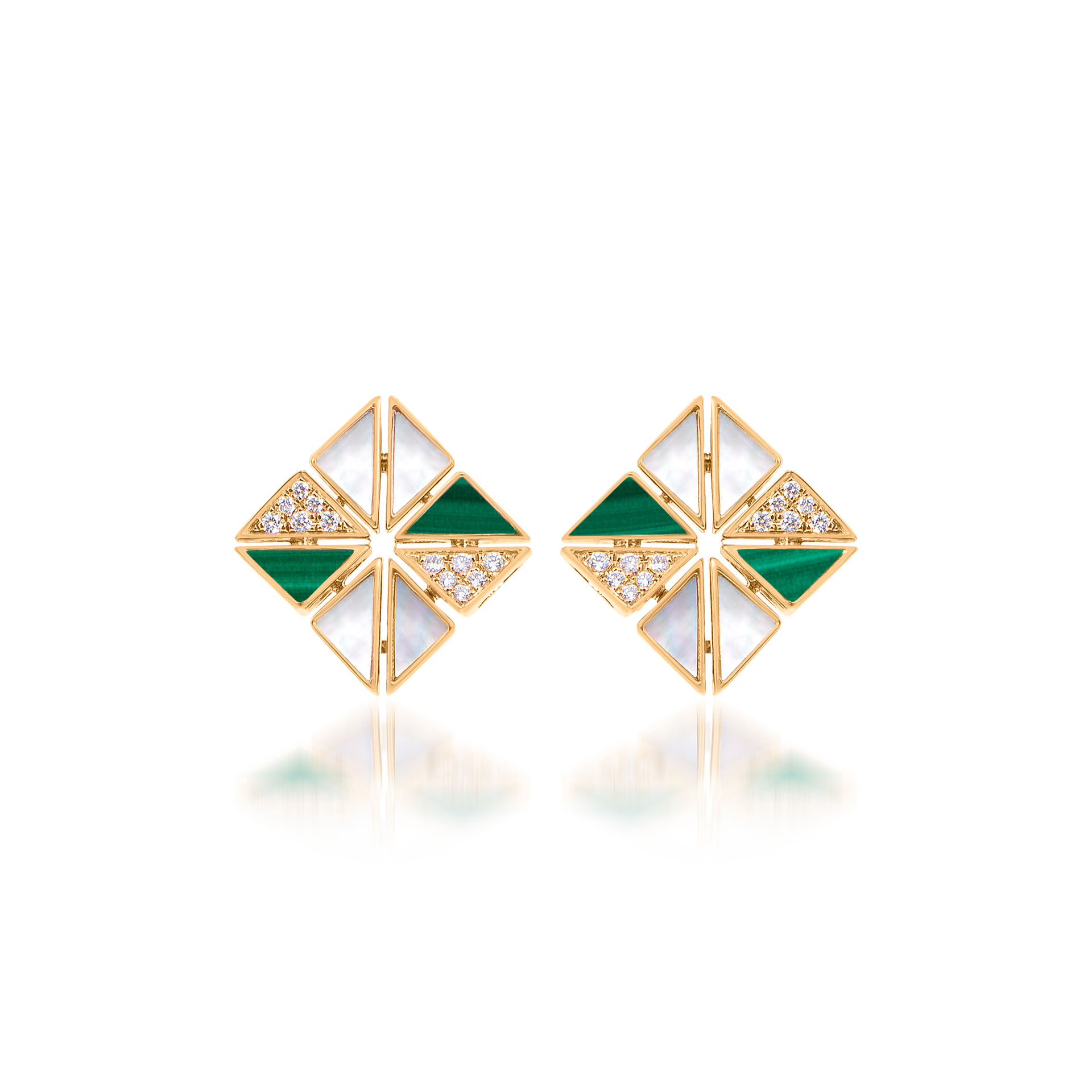 Deco Vertex Studs with Malachite, Mother of Pearl and Diamonds  In 18K Yellow Gold