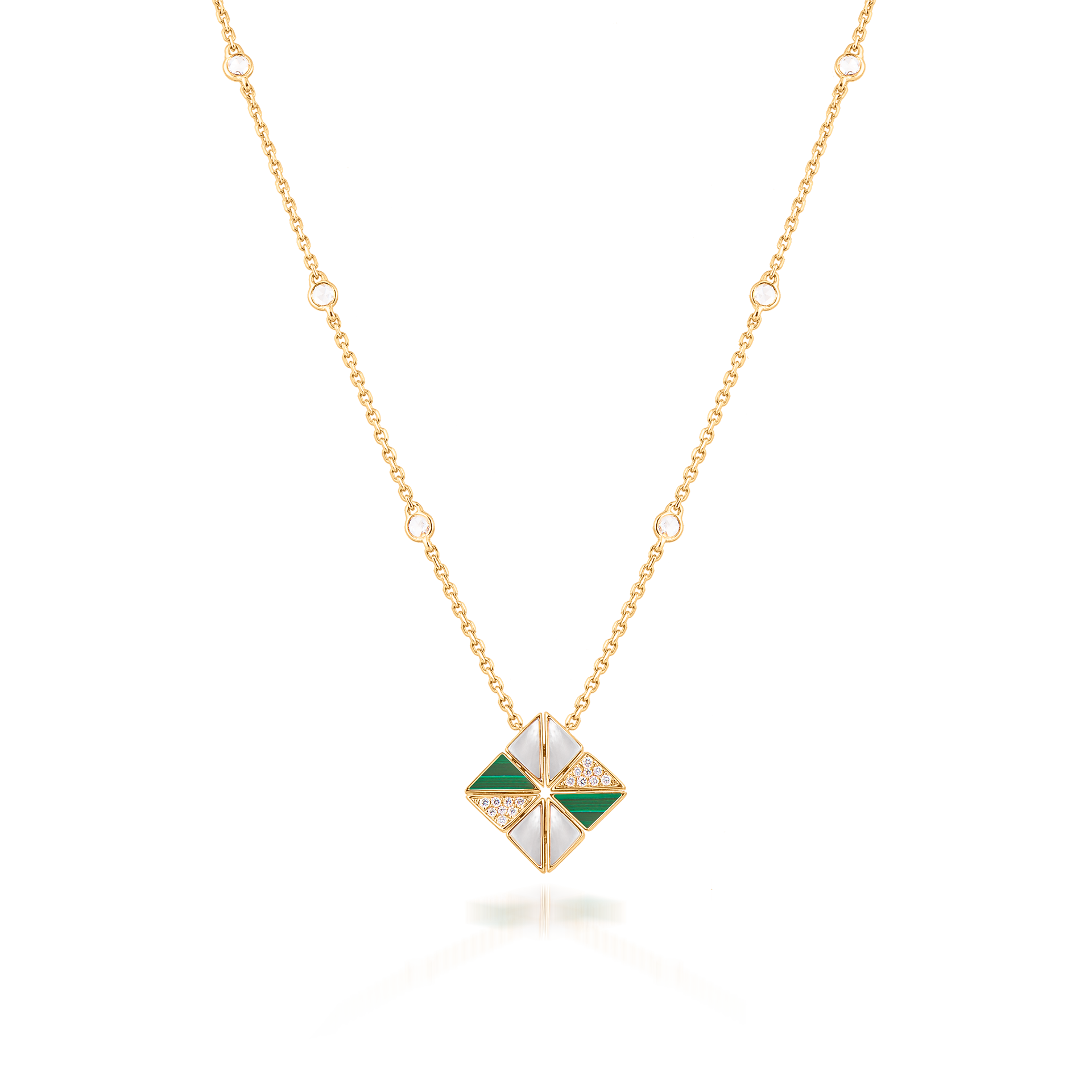 Deco Vertex Necklace with Malachite, White Mother of Pearl and Diamonds  In 18K Yellow Gold