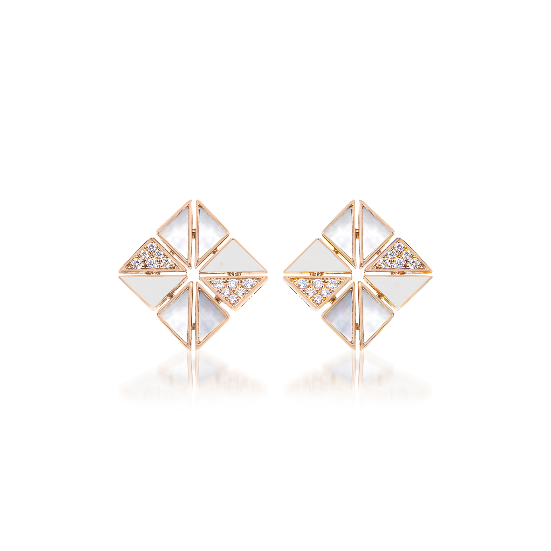 Deco Vertex Studs with White Agate, Mother of Pearl and Diamonds  In 18K Rose Gold