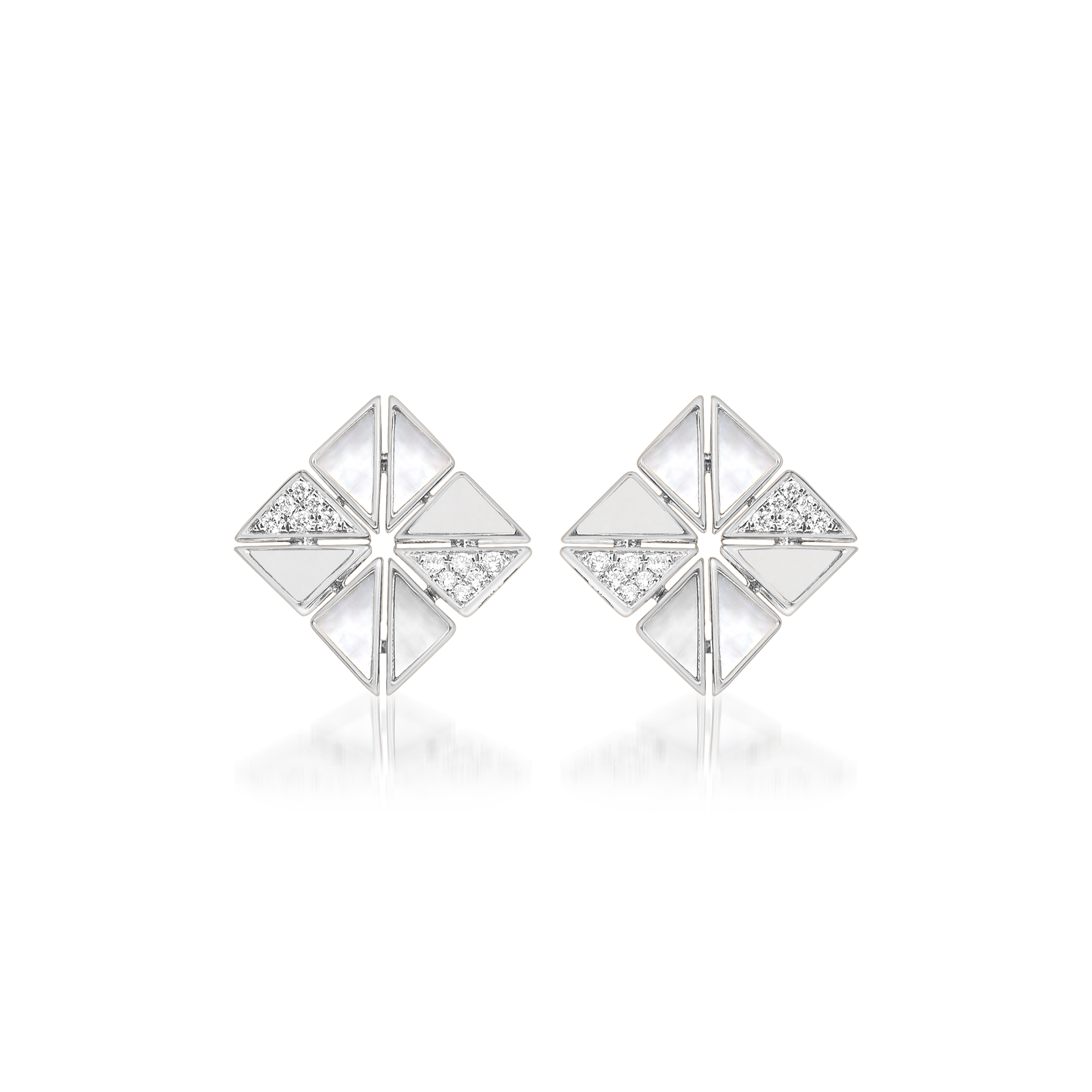 Deco Vertex Studs with White Agate, Mother of Pearl and Diamonds  In 18K White Gold