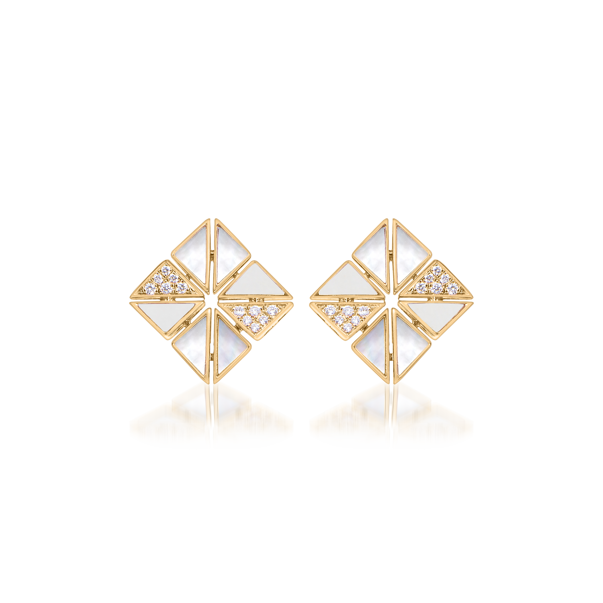 Deco Vertex Studs with White Agate, Mother of Pearl and Diamonds  In 18K Yellow Gold
