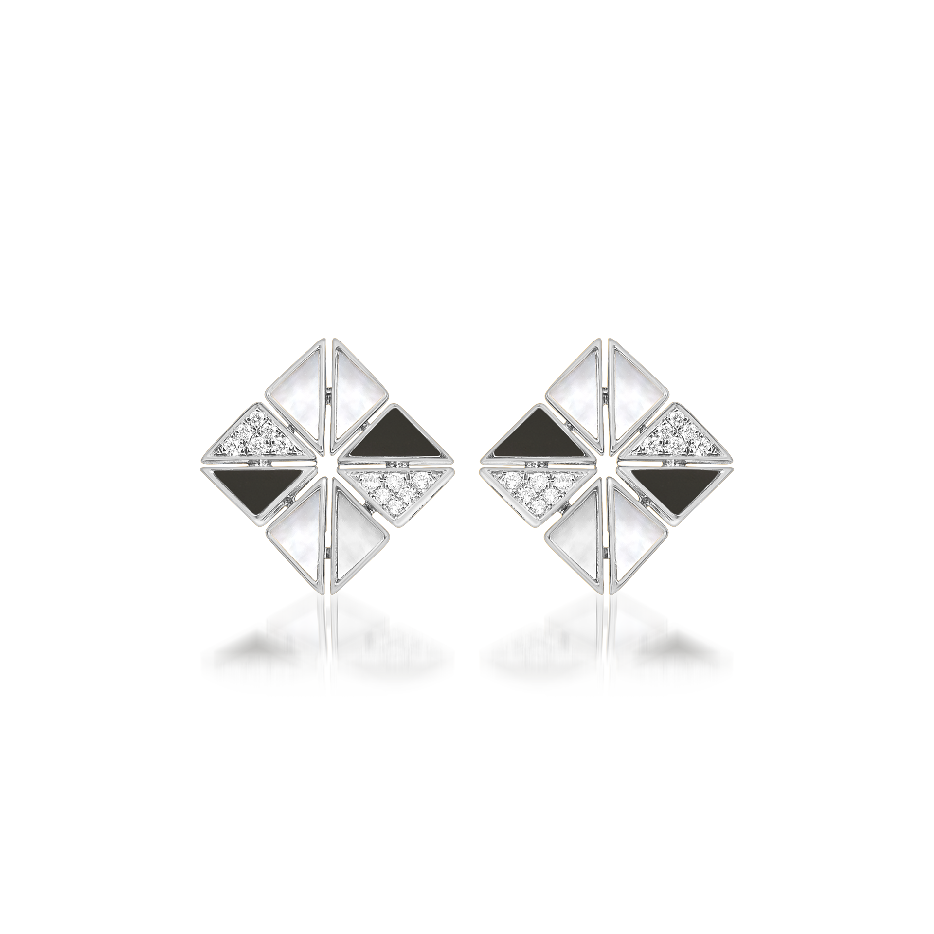 Deco Vertex Studs with Black Onyx, Mother of Pearl and Diamonds  In 18K White Gold