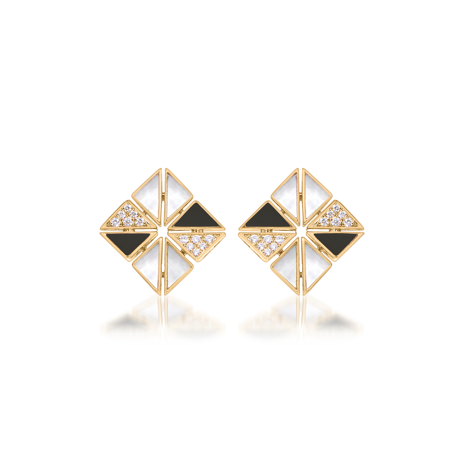 Deco Vertex Studs with Black Onyx, Mother of Pearl and Diamonds  In 18K Yellow Gold