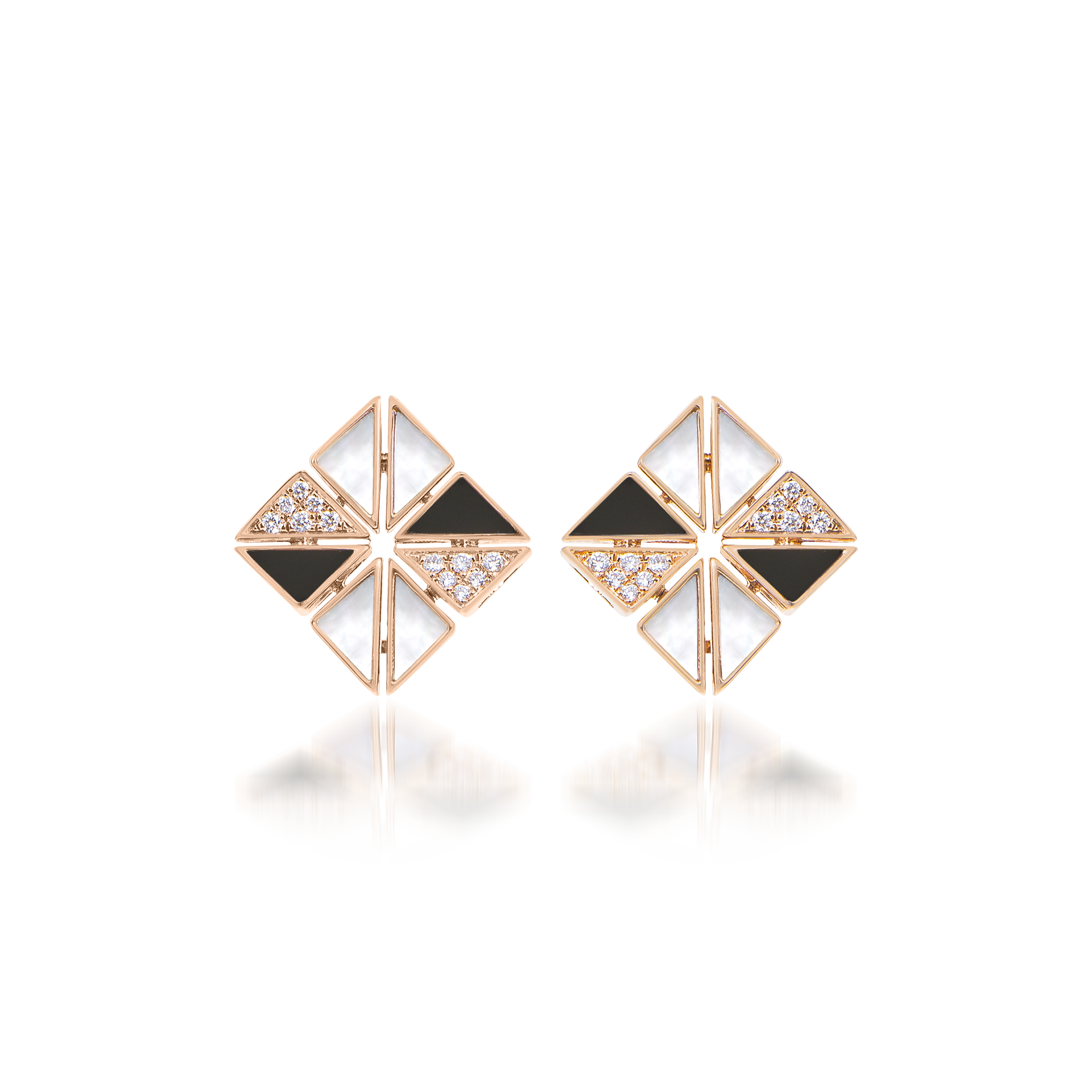 Deco Vertex Studs with Black Onyx, Mother of Pearl and Diamonds  In 18K Rose Gold