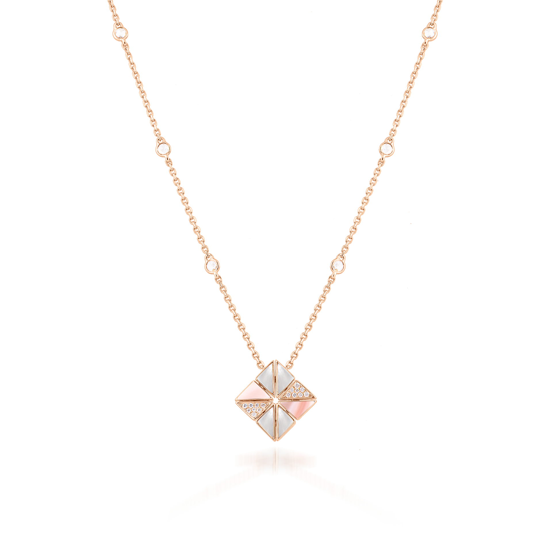 Deco Vertex Necklace with Pink Mother of Pearl, White Mother of Pearl and Diamonds  In 18K Rose Gold