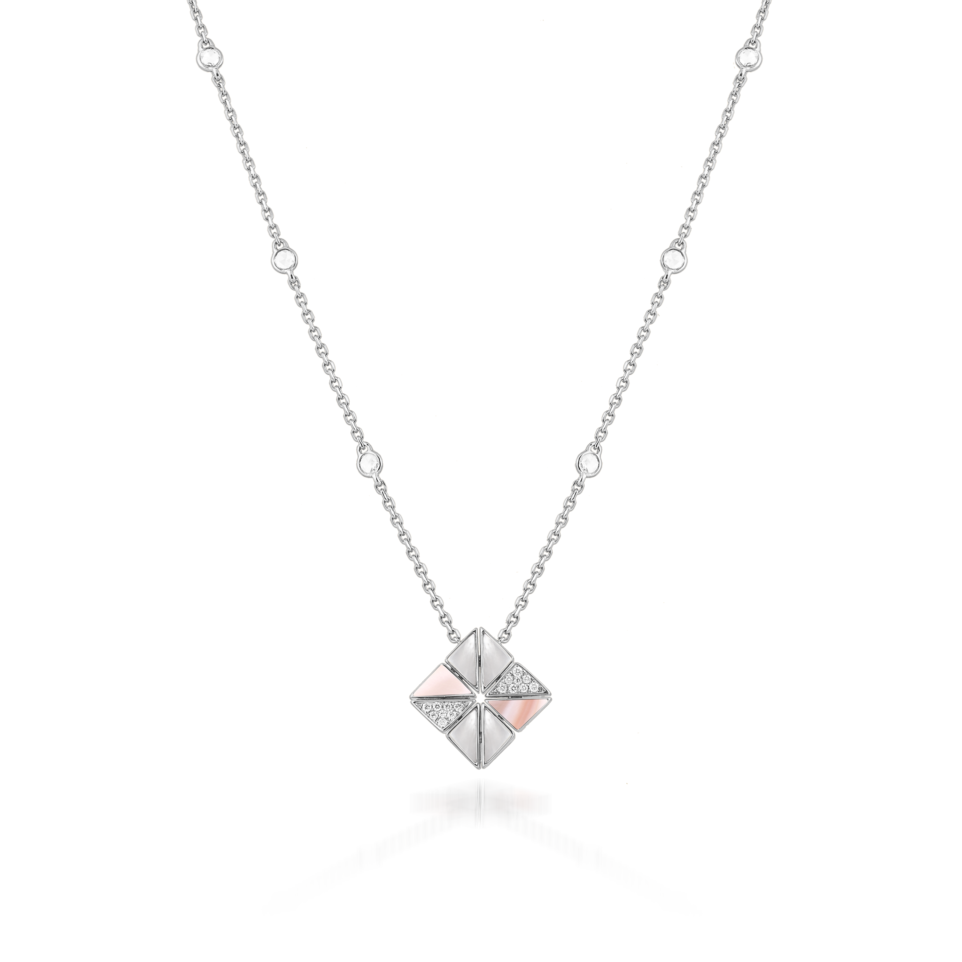 Deco Vertex Necklace with Pink Mother of Pearl, White Mother of Pearl and Diamonds  In 18K White Gold