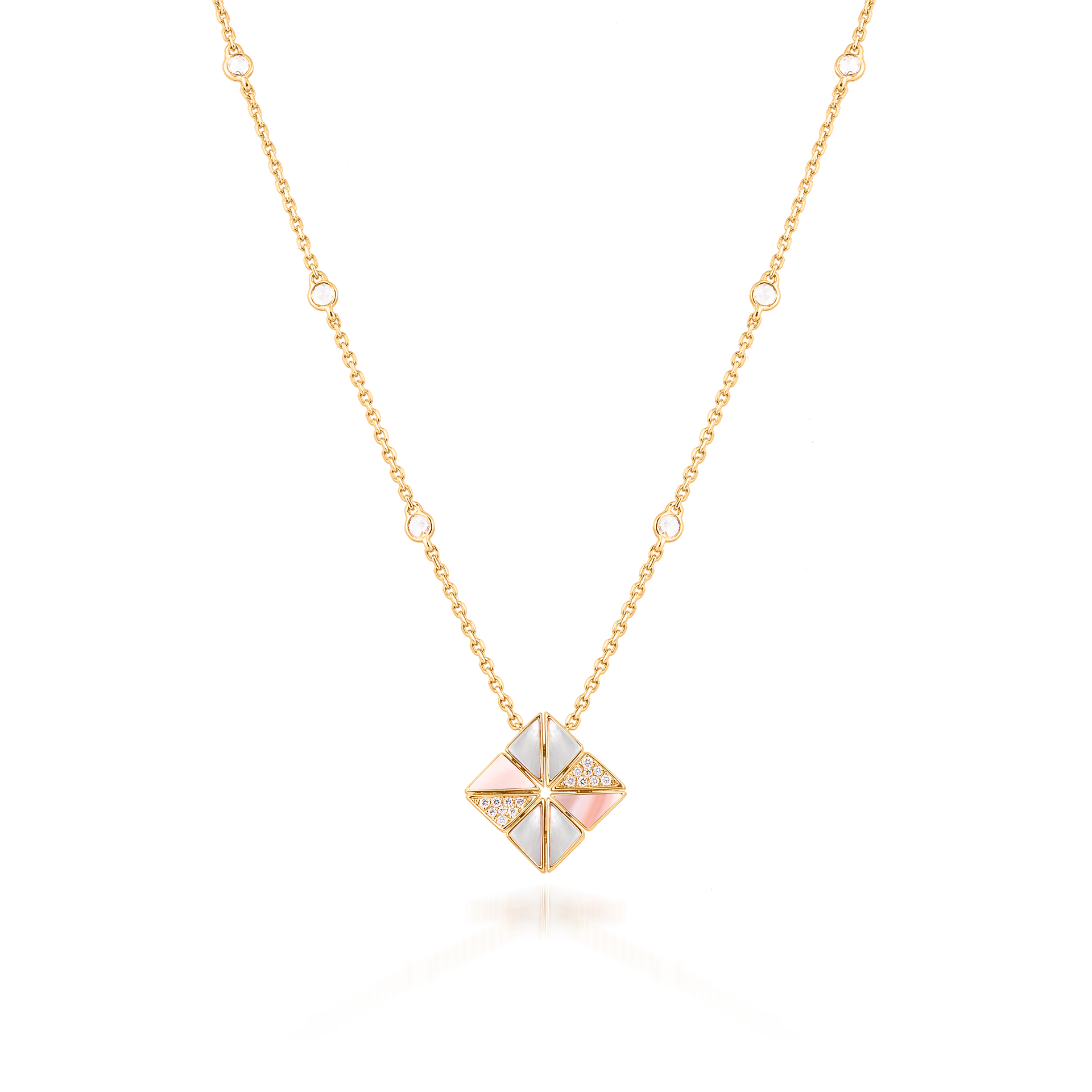 Deco Vertex Necklace with Pink Mother of Pearl, White Mother of Pearl and Diamonds  In 18K Yellow Gold