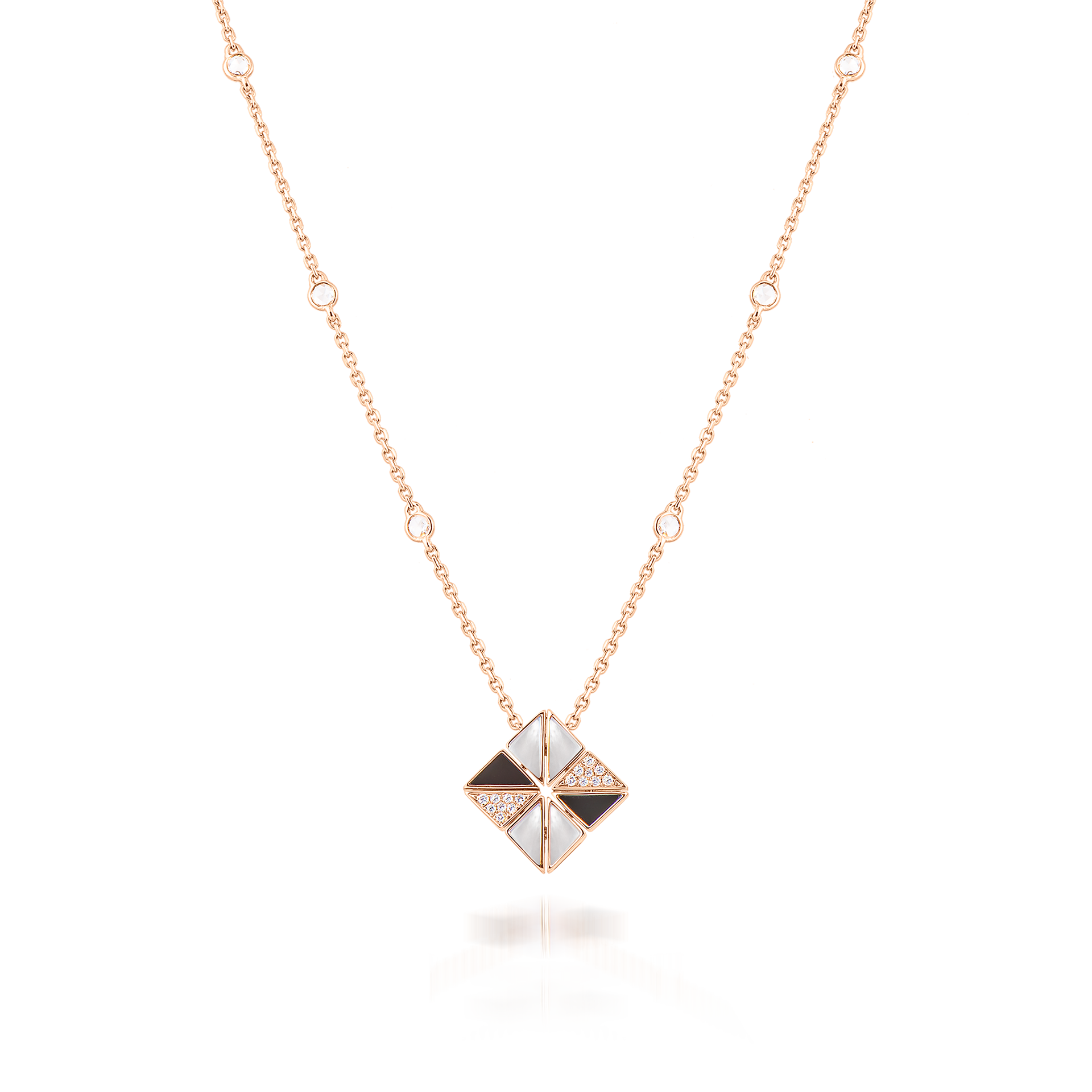 Deco Vertex Necklace with Black Onyx, White Mother of Pearl and Diamonds  In 18K Rose Gold