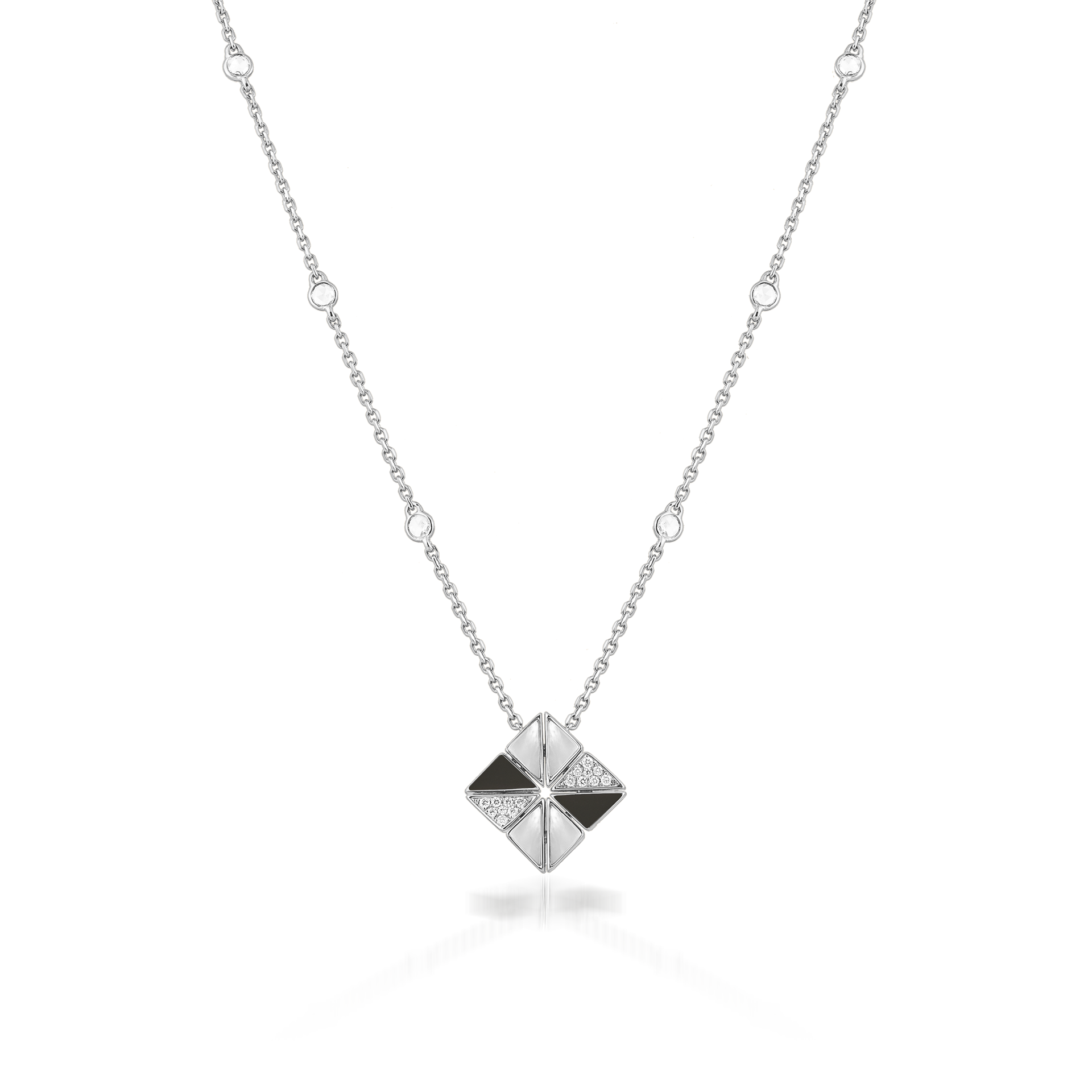 Deco Vertex Necklace with Black Onyx, White Mother of Pearl and Diamonds  In 18K White Gold