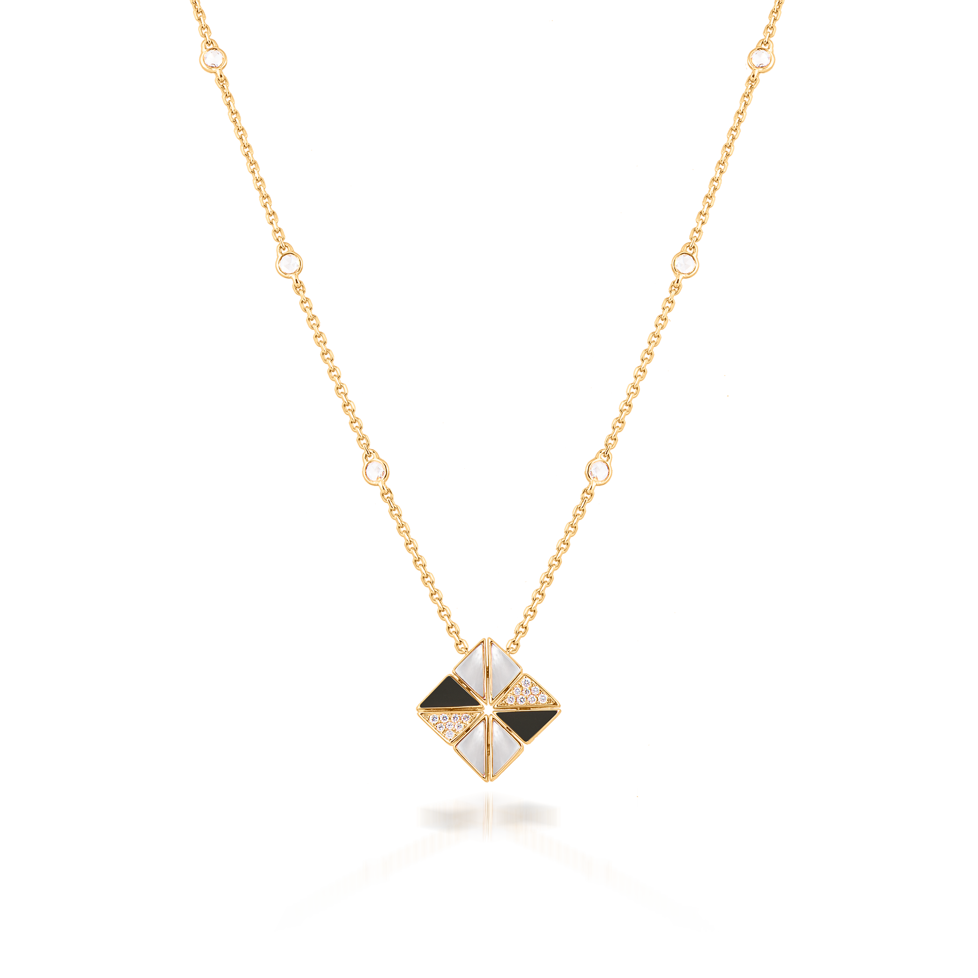 Deco Vertex Necklace with Black Onyx, White Mother of Pearl and Diamonds  In 18K Yellow Gold