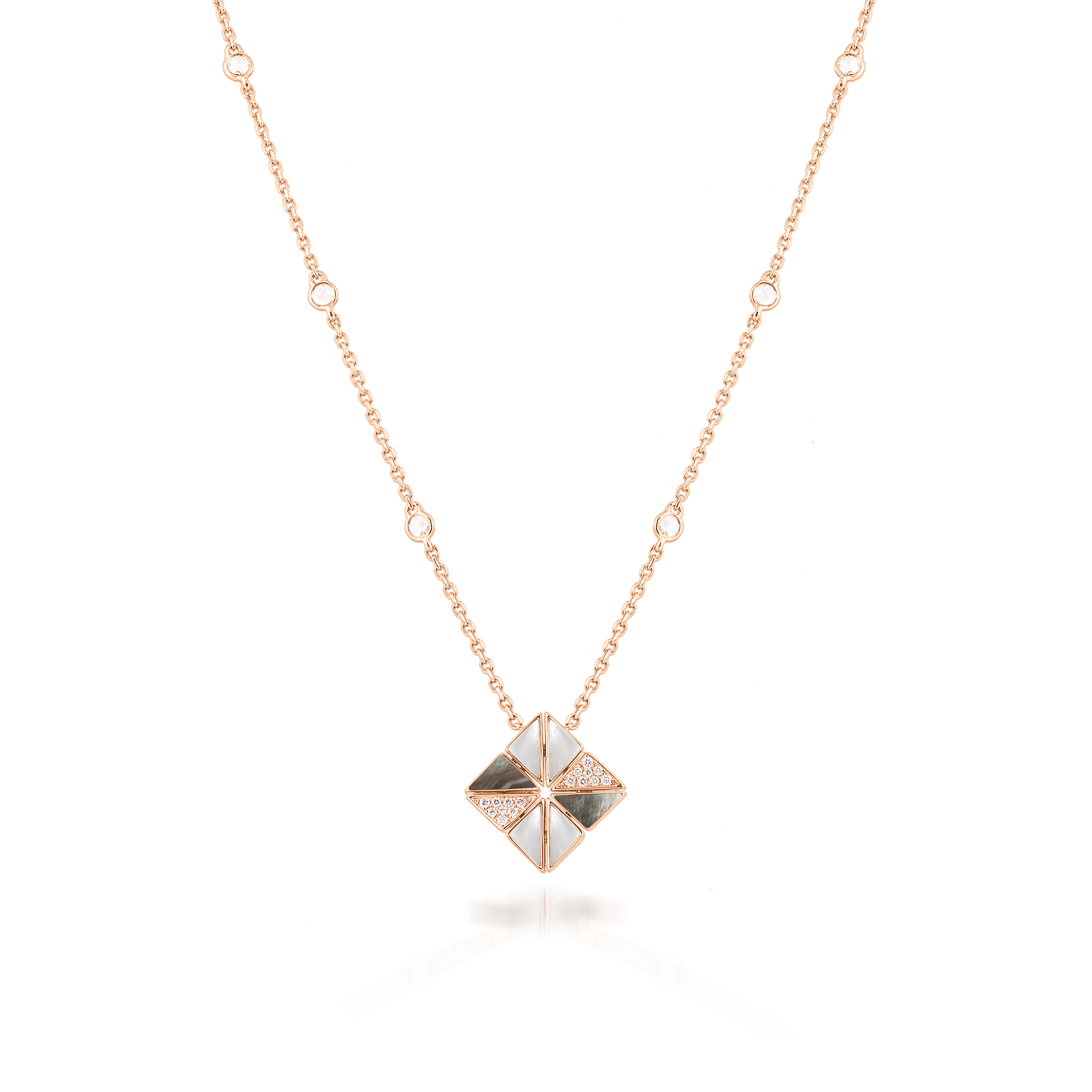 Deco Vertex Necklace with Grey Mother of Pearl, White Mother of Pearl and Diamonds  In 18K Rose Gold